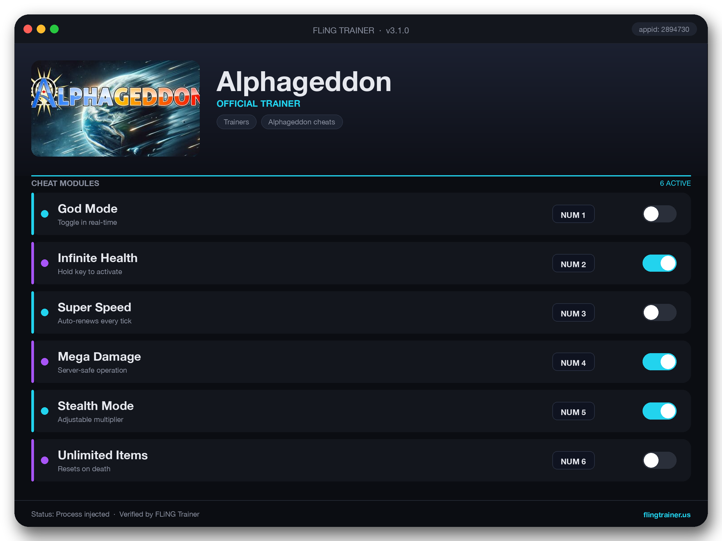 Alphageddon Trainer interface