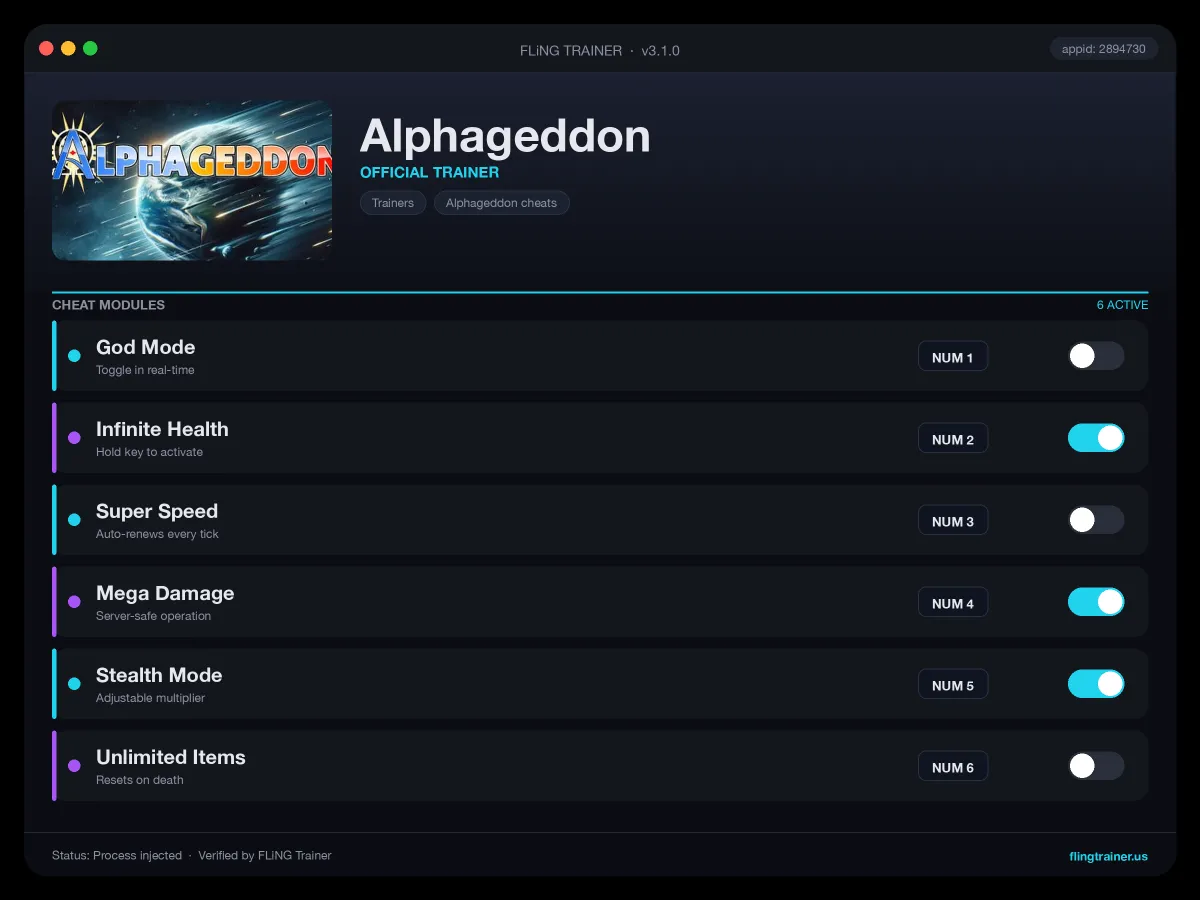 Alphageddon Trainer interface