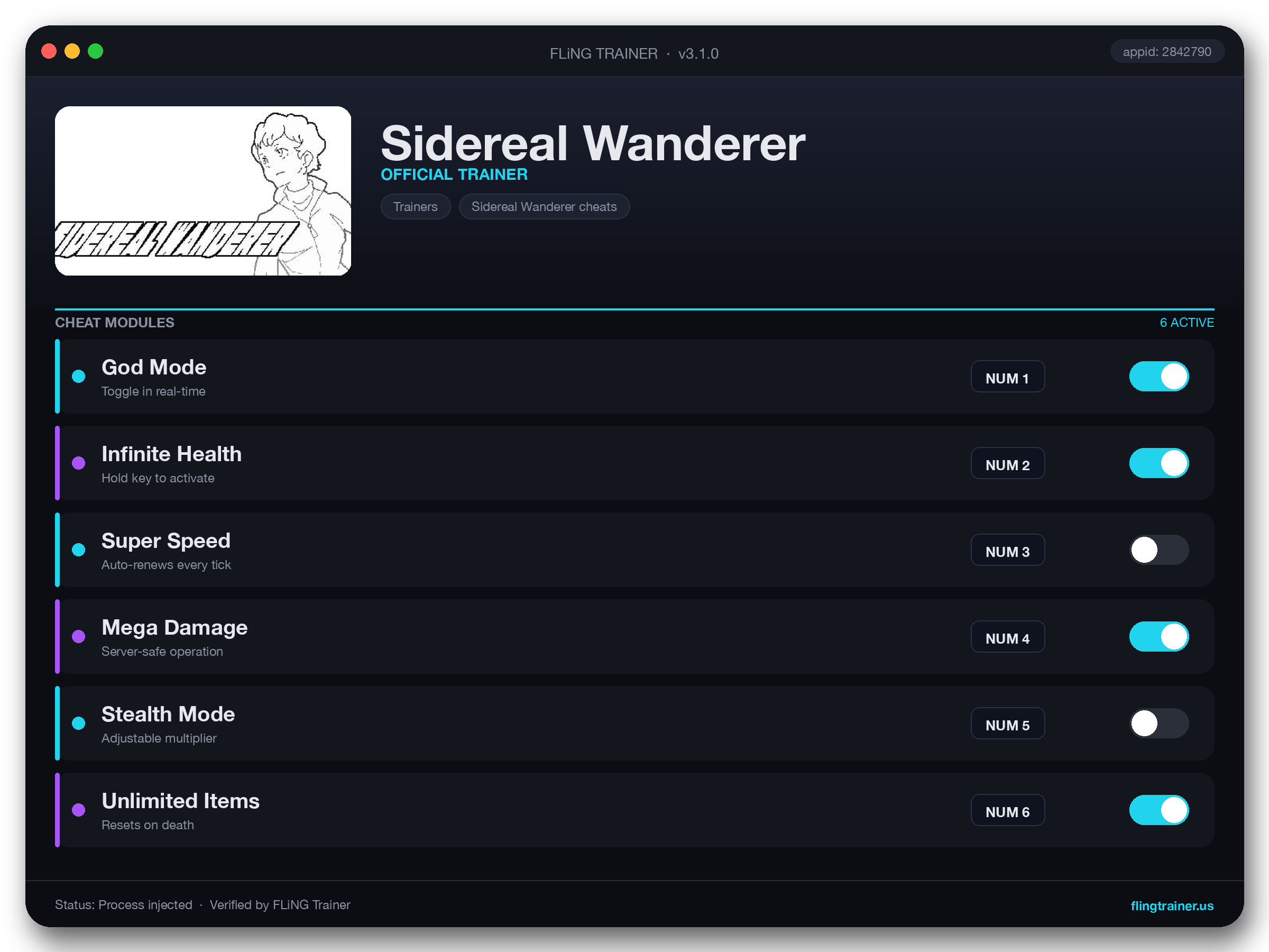 Sidereal Wanderer Trainer interface
