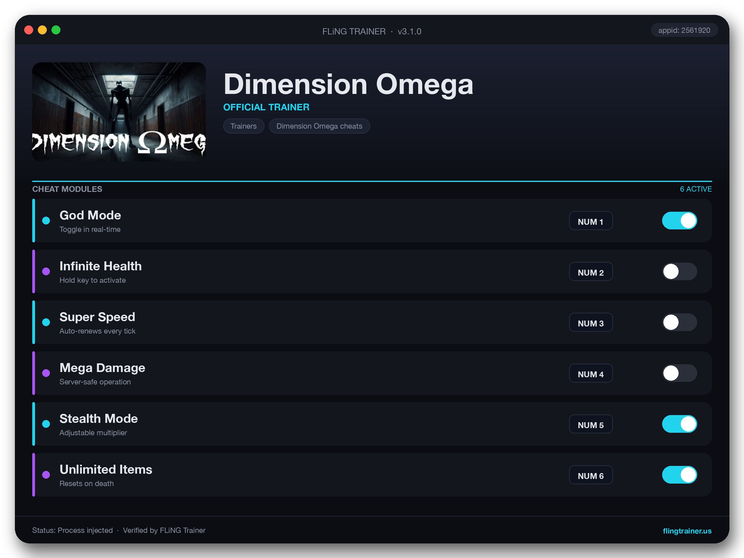 Dimension Omega Trainer interface