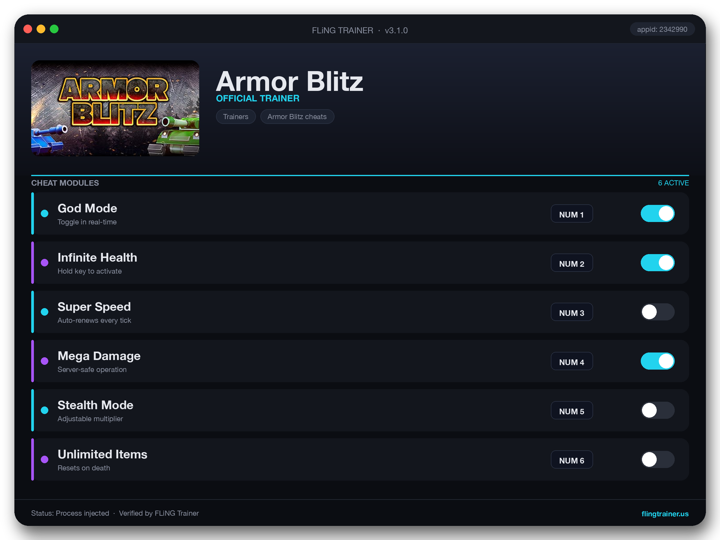Armor Blitz Trainer interface