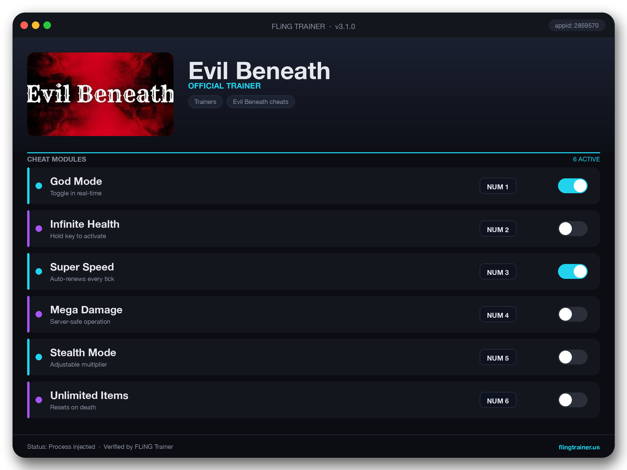 Evil Beneath Trainer interface