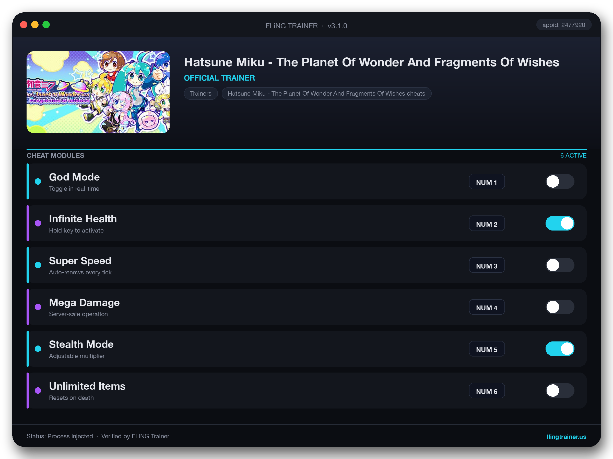 Hatsune Miku - The Planet Of Wonder And Fragments Of Wishes Trainer interface