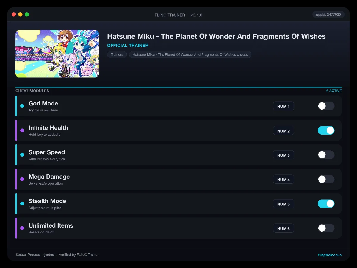 Hatsune Miku - The Planet Of Wonder And Fragments Of Wishes Trainer interface