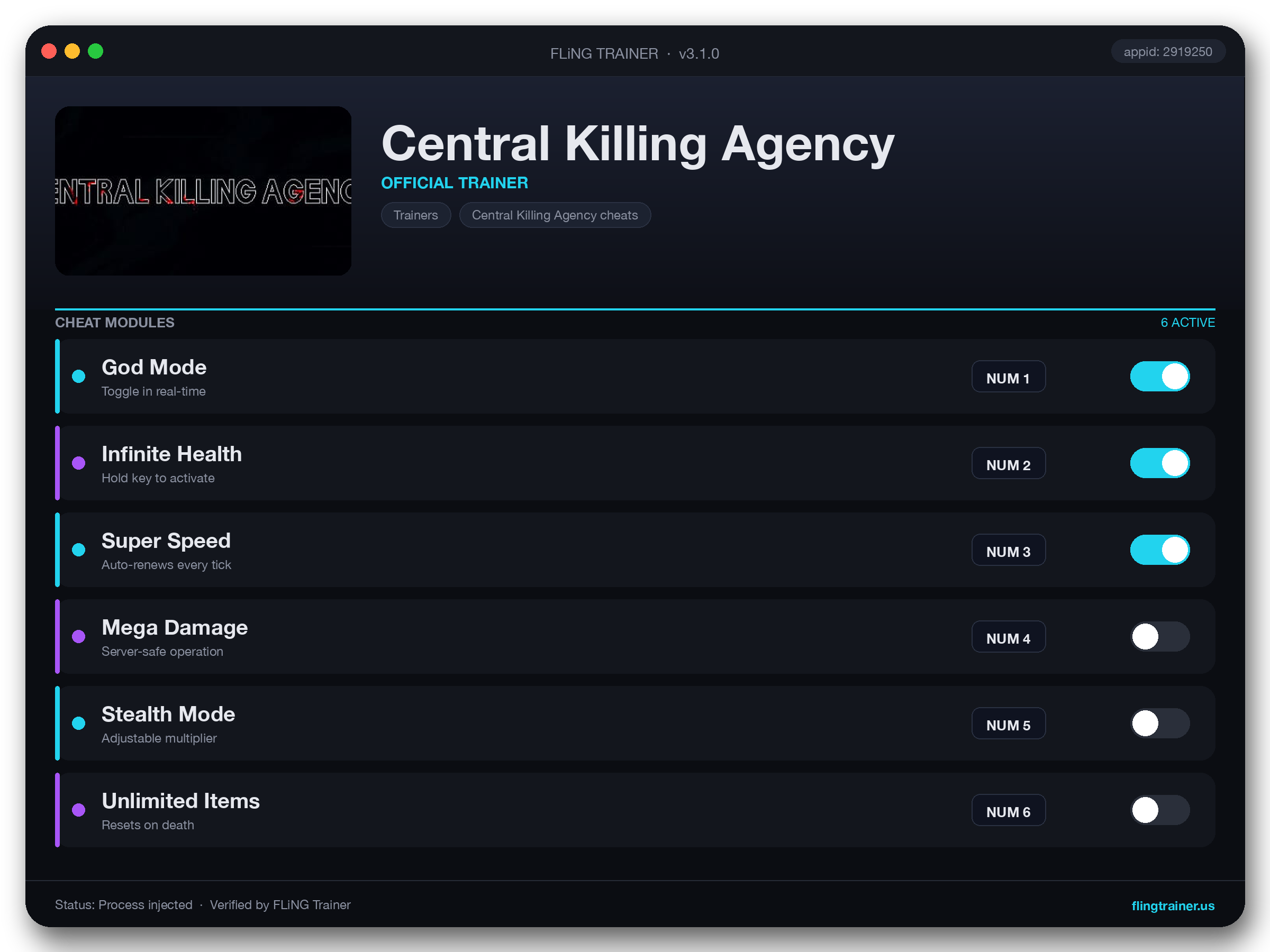 Central Killing Agency Trainer interface