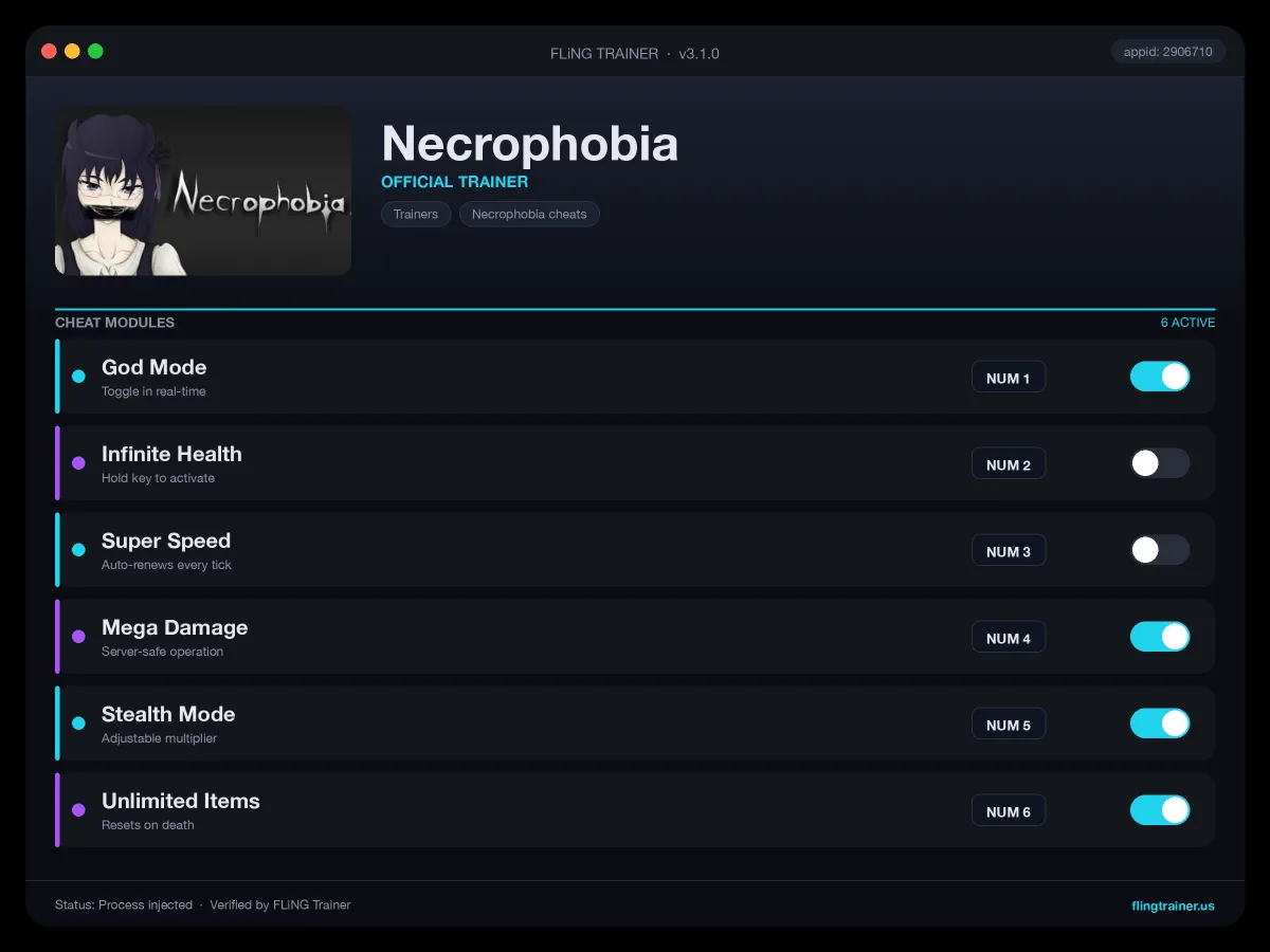 Necrophobia Trainer interface