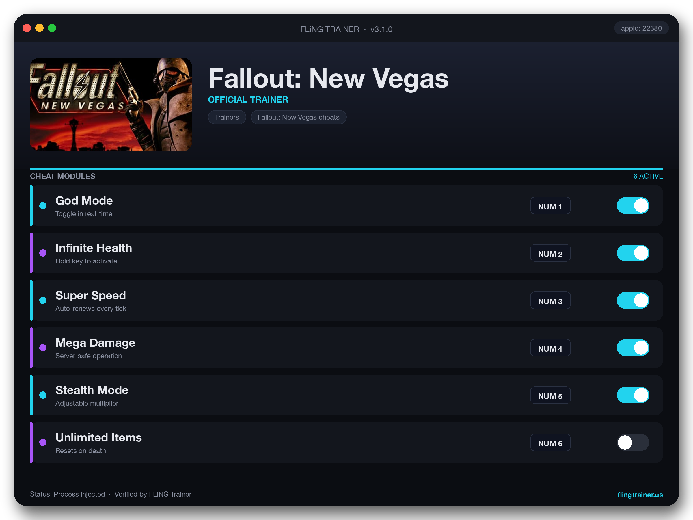 Fallout: New Vegas Trainer interface