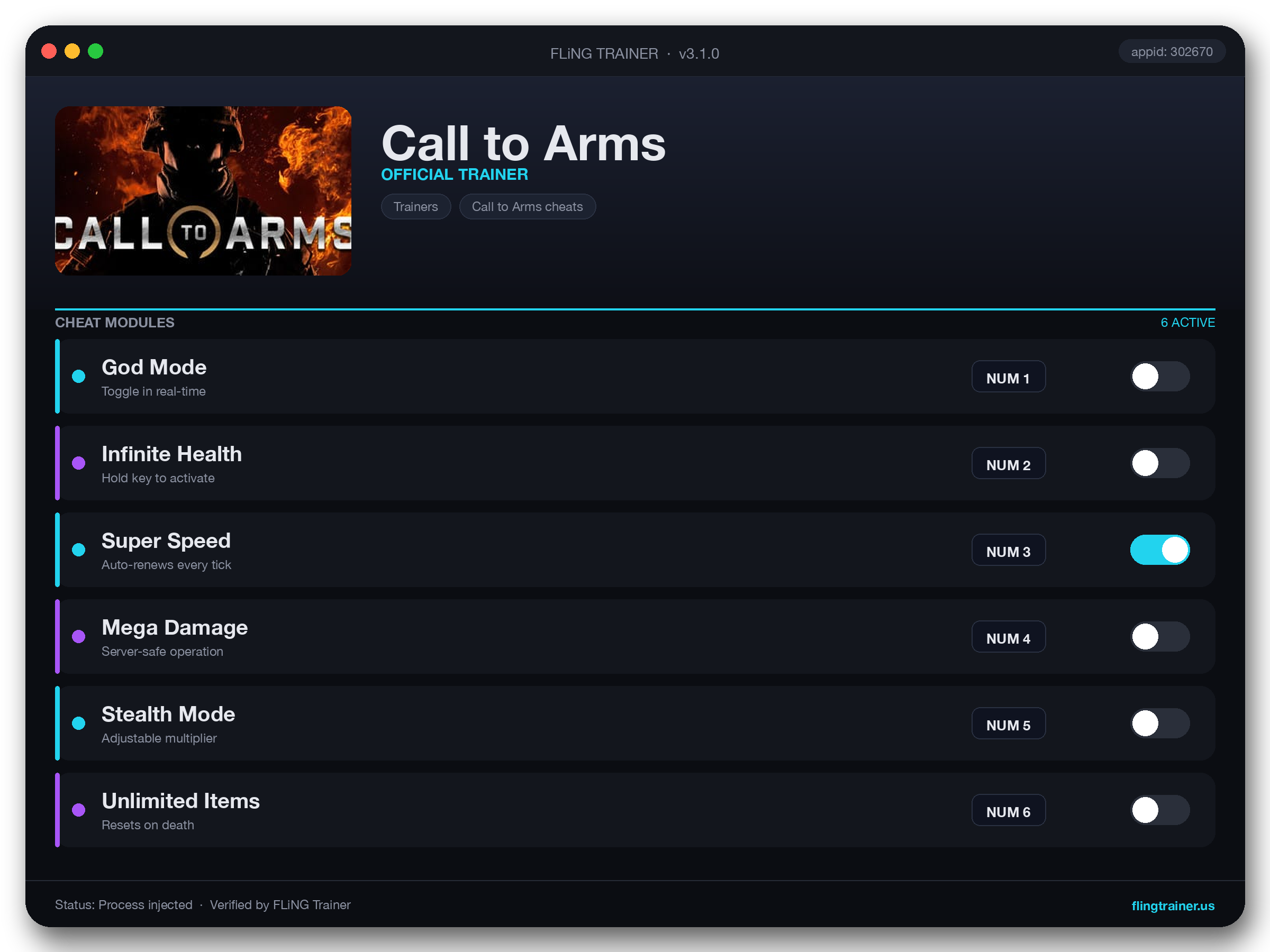 Call to Arms Trainer interface