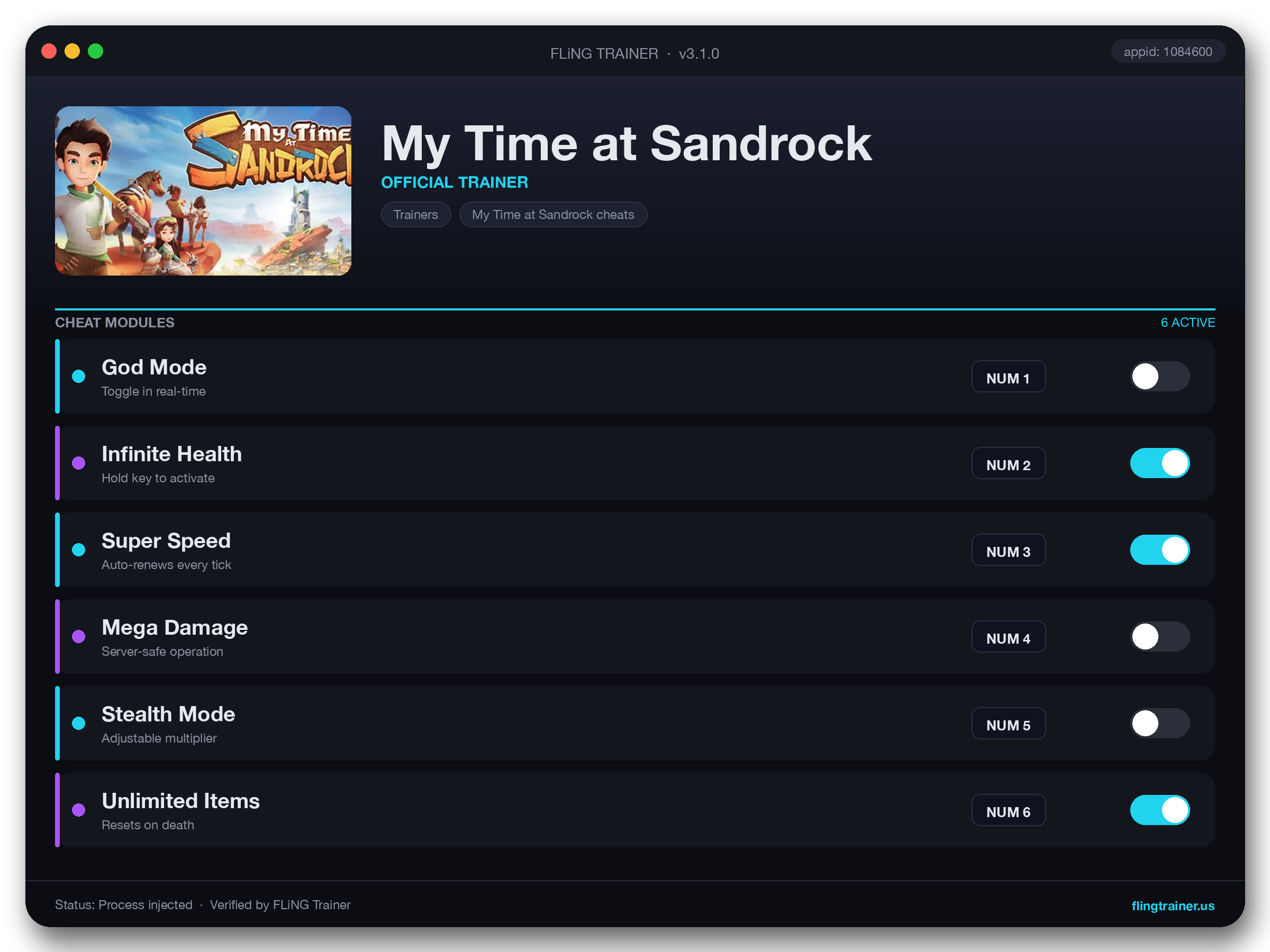 My Time at Sandrock Trainer interface