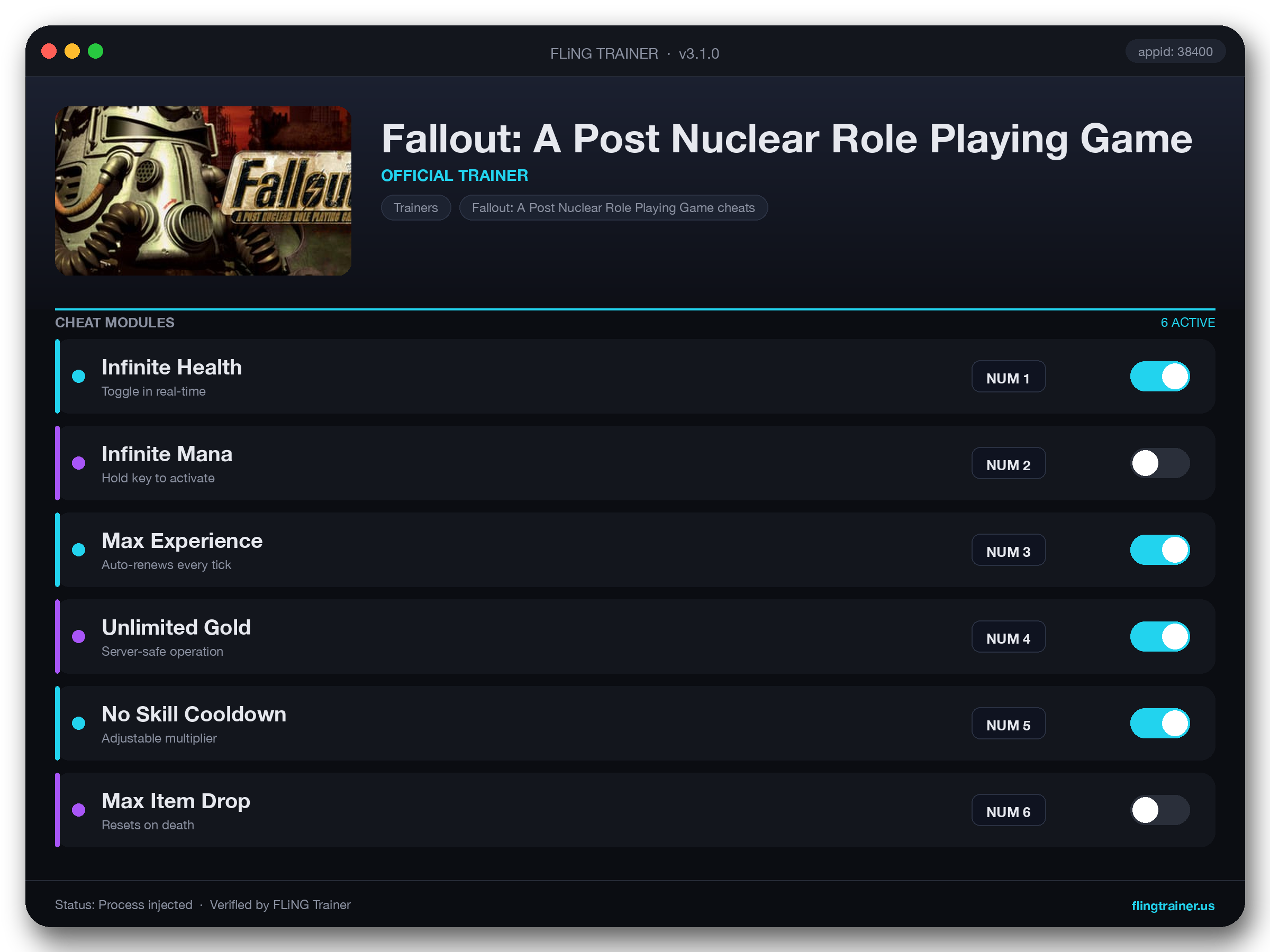 Fallout: A Post Nuclear Role Playing Game Trainer interface