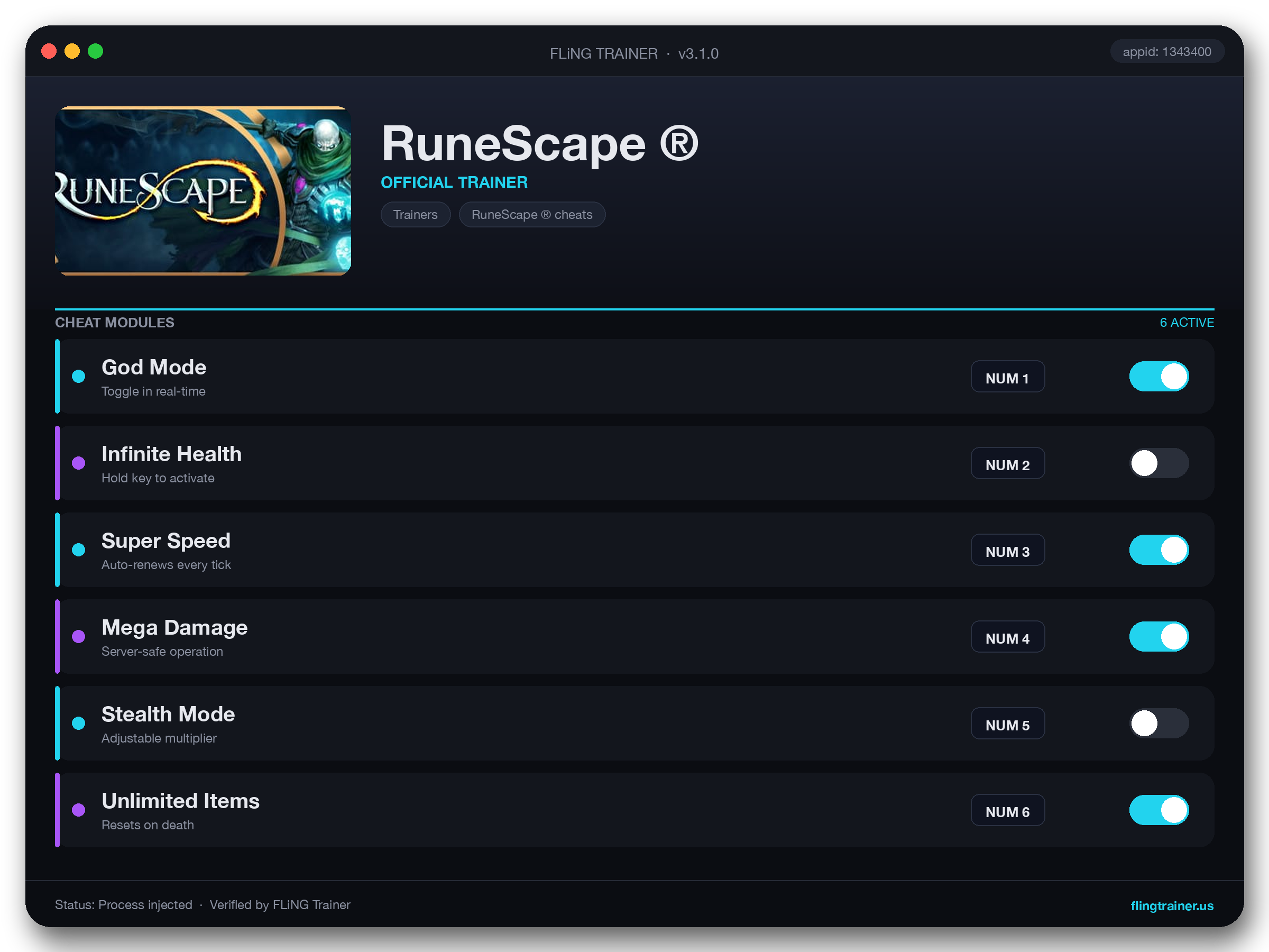 RuneScape ® Trainer interface