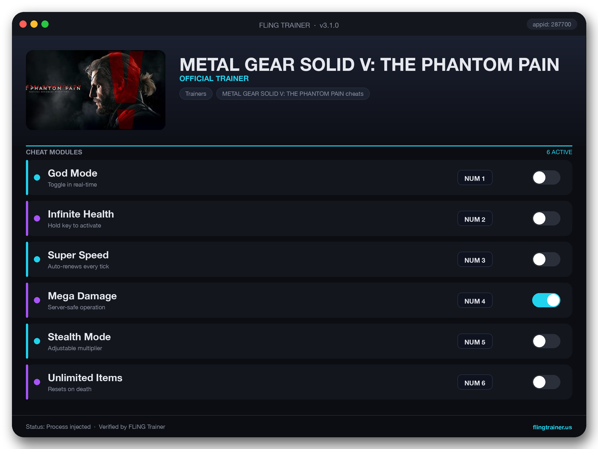 METAL GEAR SOLID V: THE PHANTOM PAIN Trainer interface