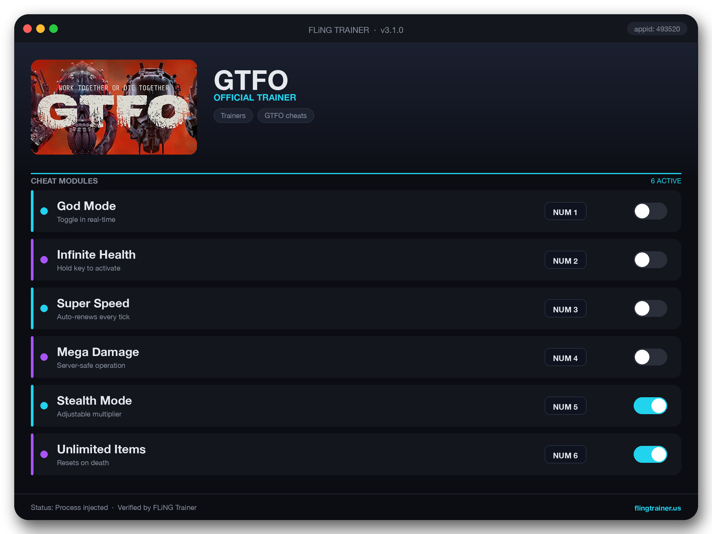 GTFO Trainer interface