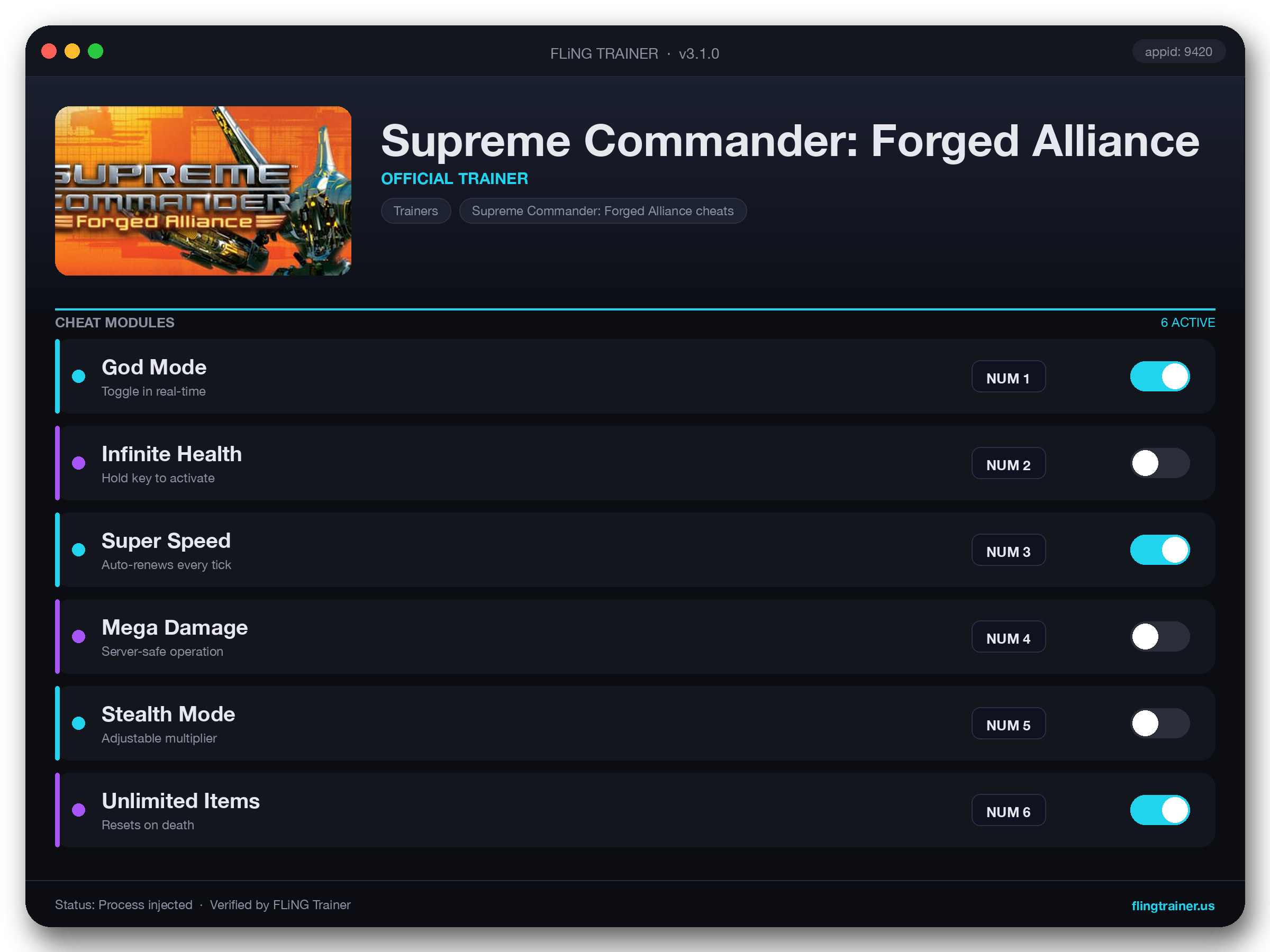 Supreme Commander: Forged Alliance Trainer interface