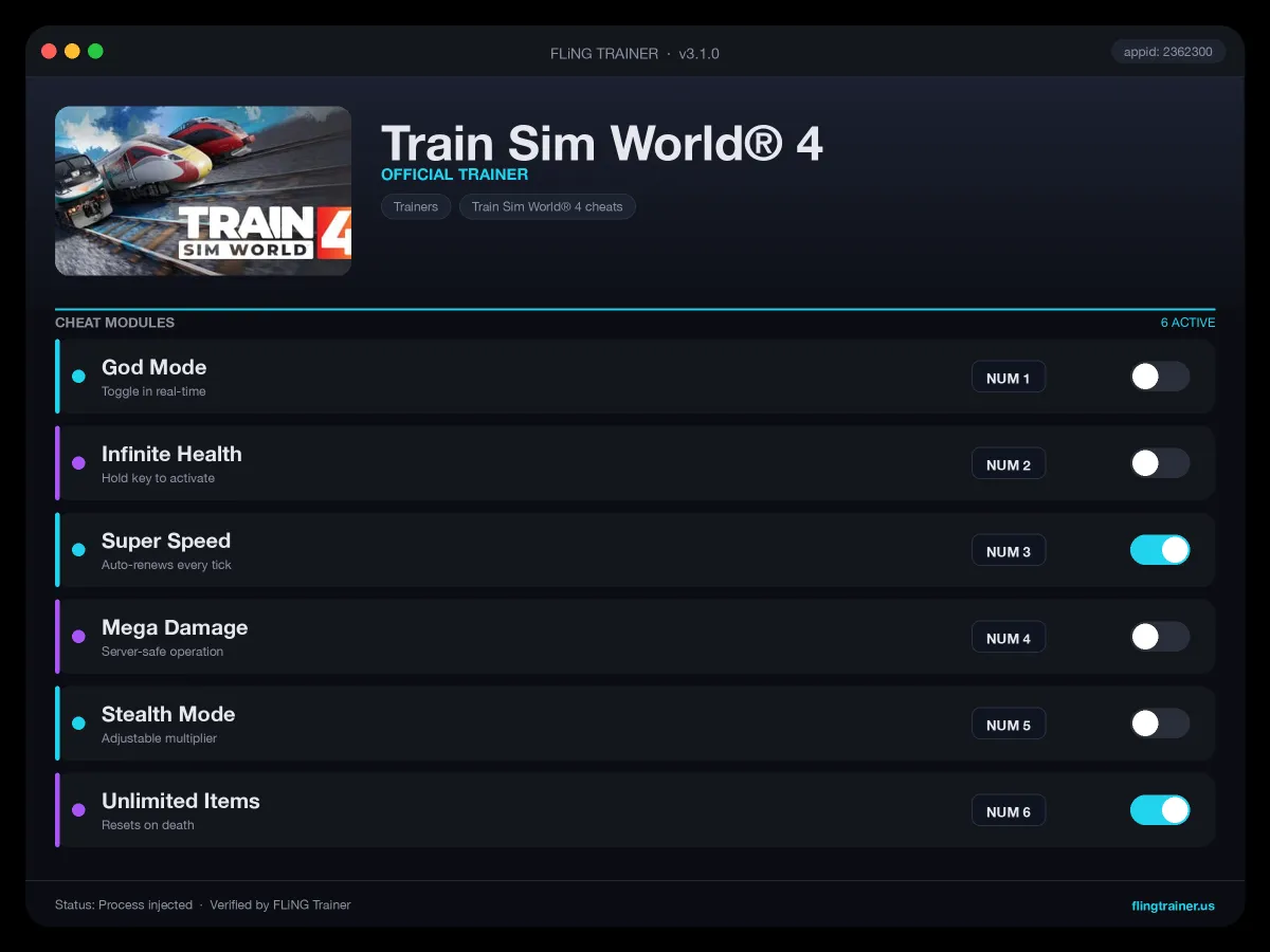 Train Sim World® 4 Trainer interface