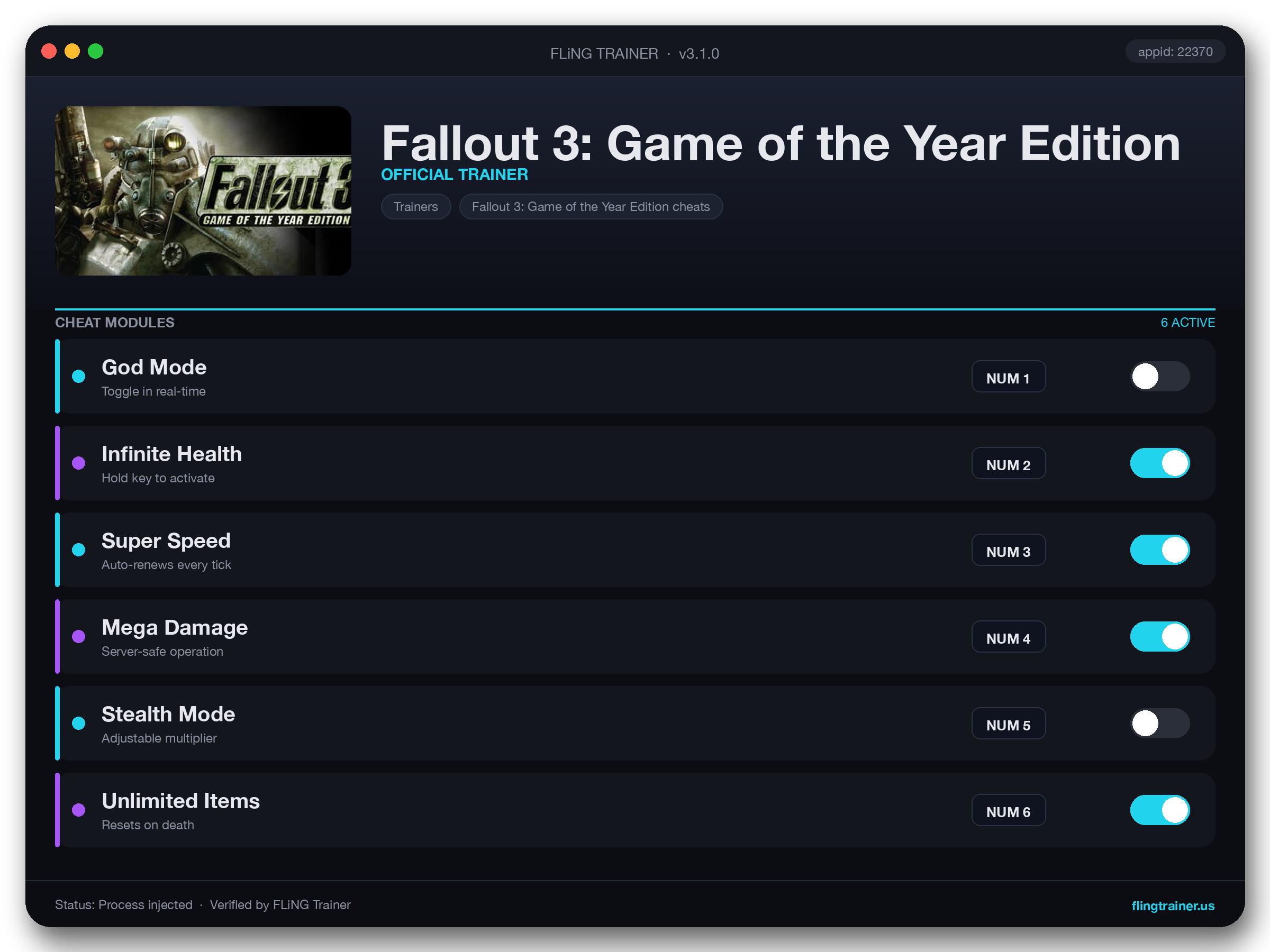 Fallout 3: Game of the Year Edition Trainer interface