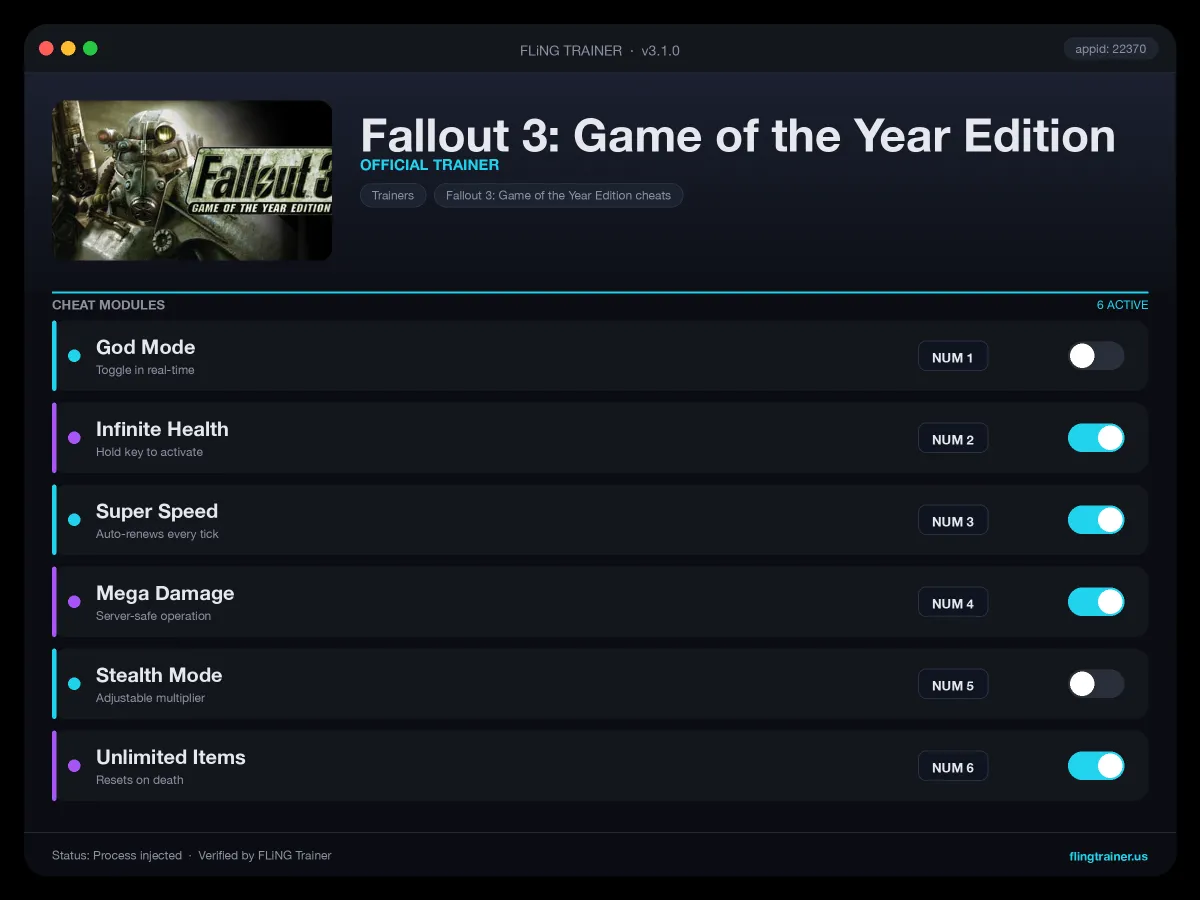 Fallout 3: Game of the Year Edition Trainer interface