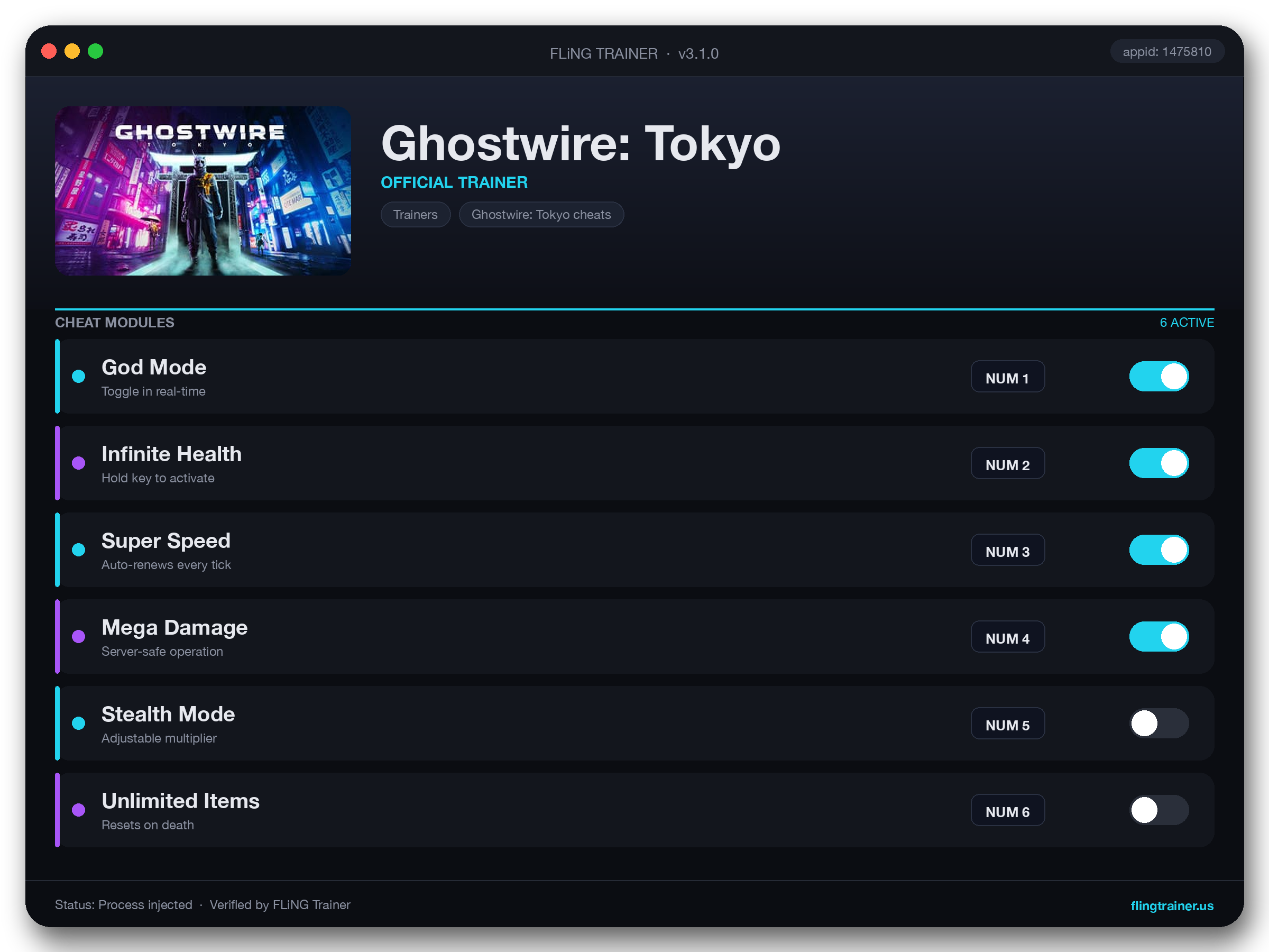 Ghostwire: Tokyo Trainer interface