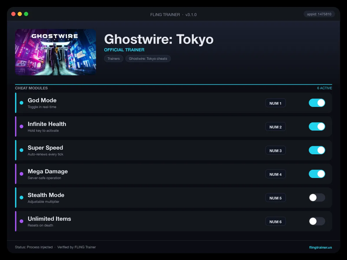 Ghostwire: Tokyo Trainer interface