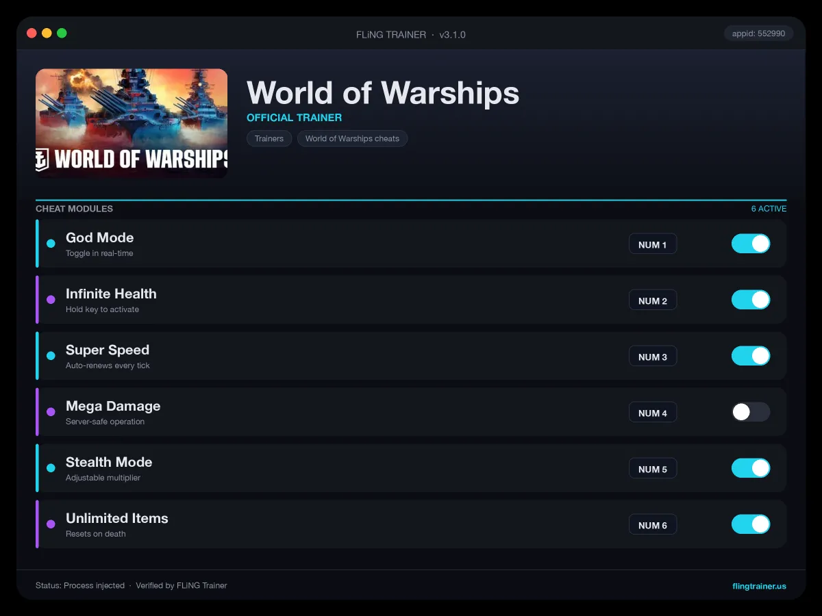 World of Warships Trainer interface