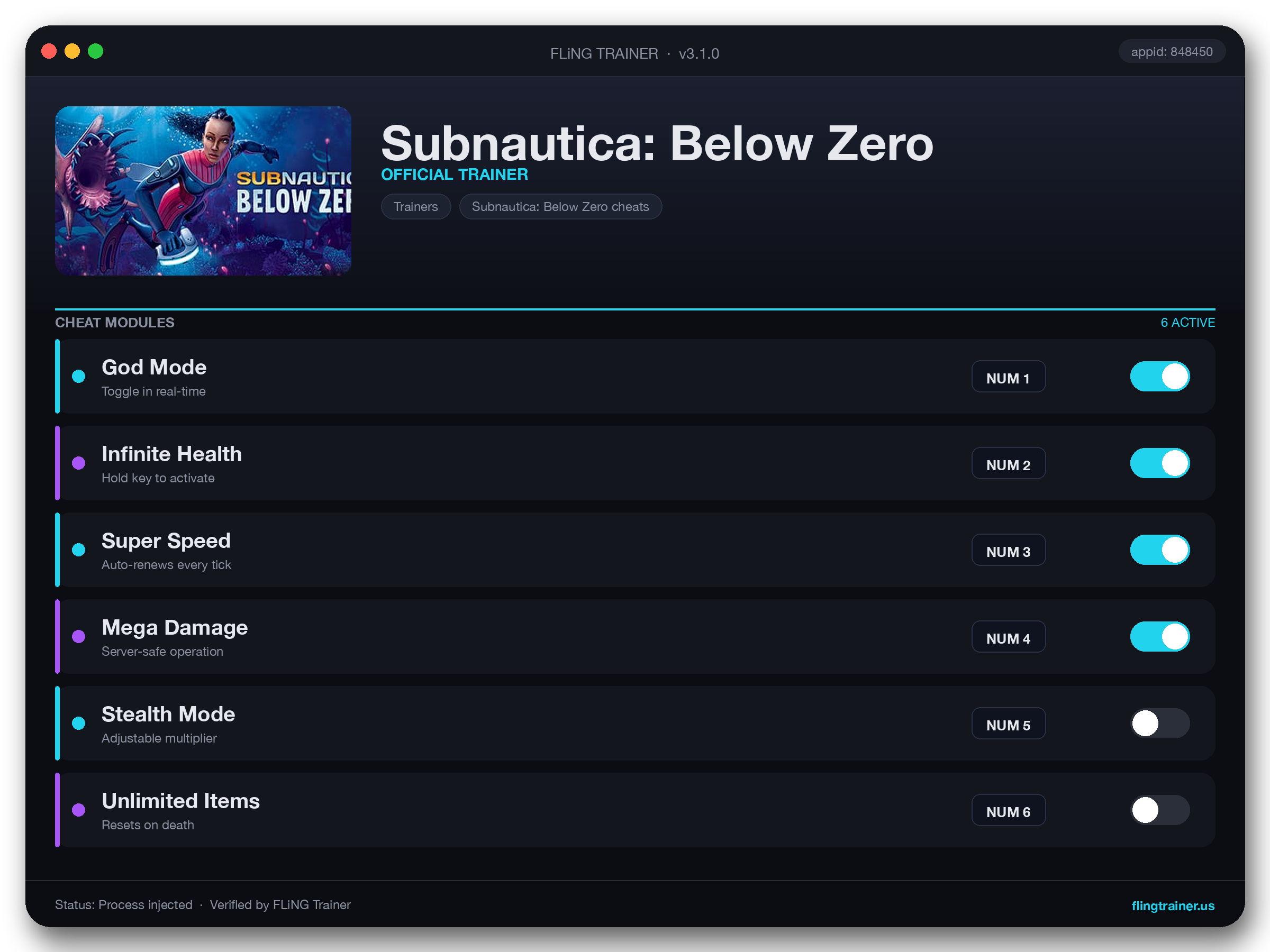 Subnautica: Below Zero Trainer interface