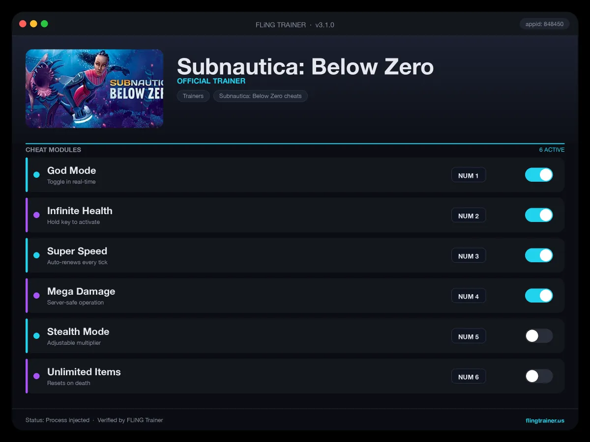 Subnautica: Below Zero Trainer interface