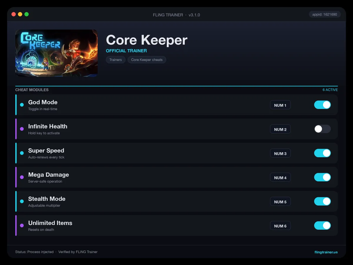 Core Keeper Trainer interface