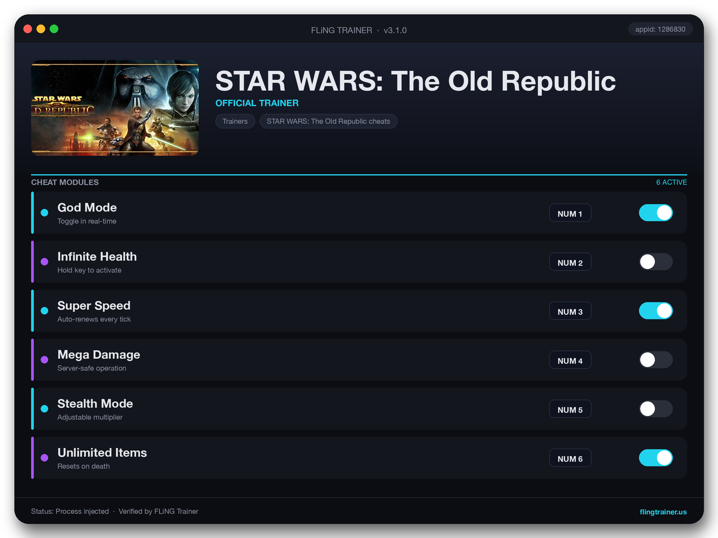 STAR WARS: The Old Republic Trainer interface