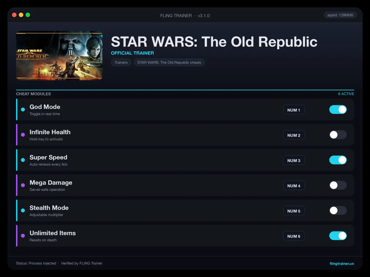 STAR WARS: The Old Republic Trainer interface