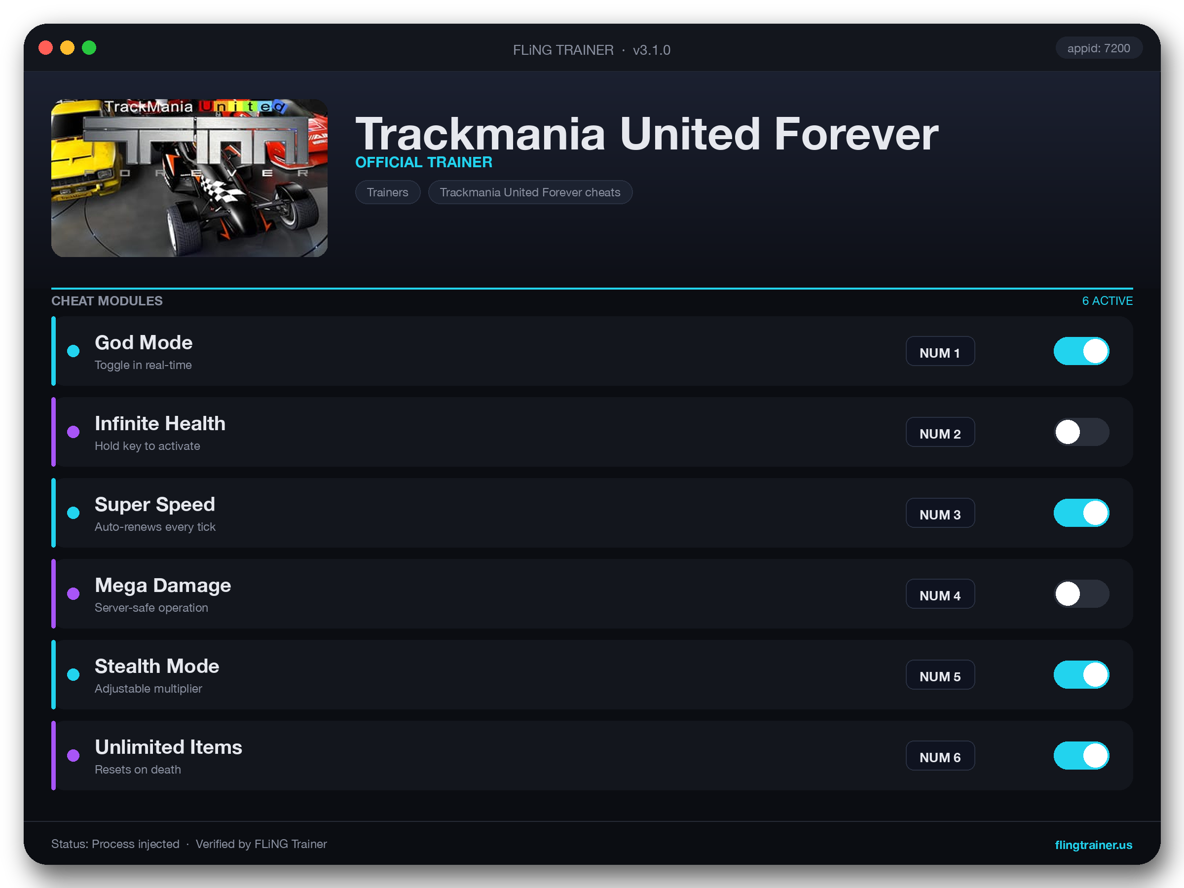 Trackmania United Forever Trainer interface