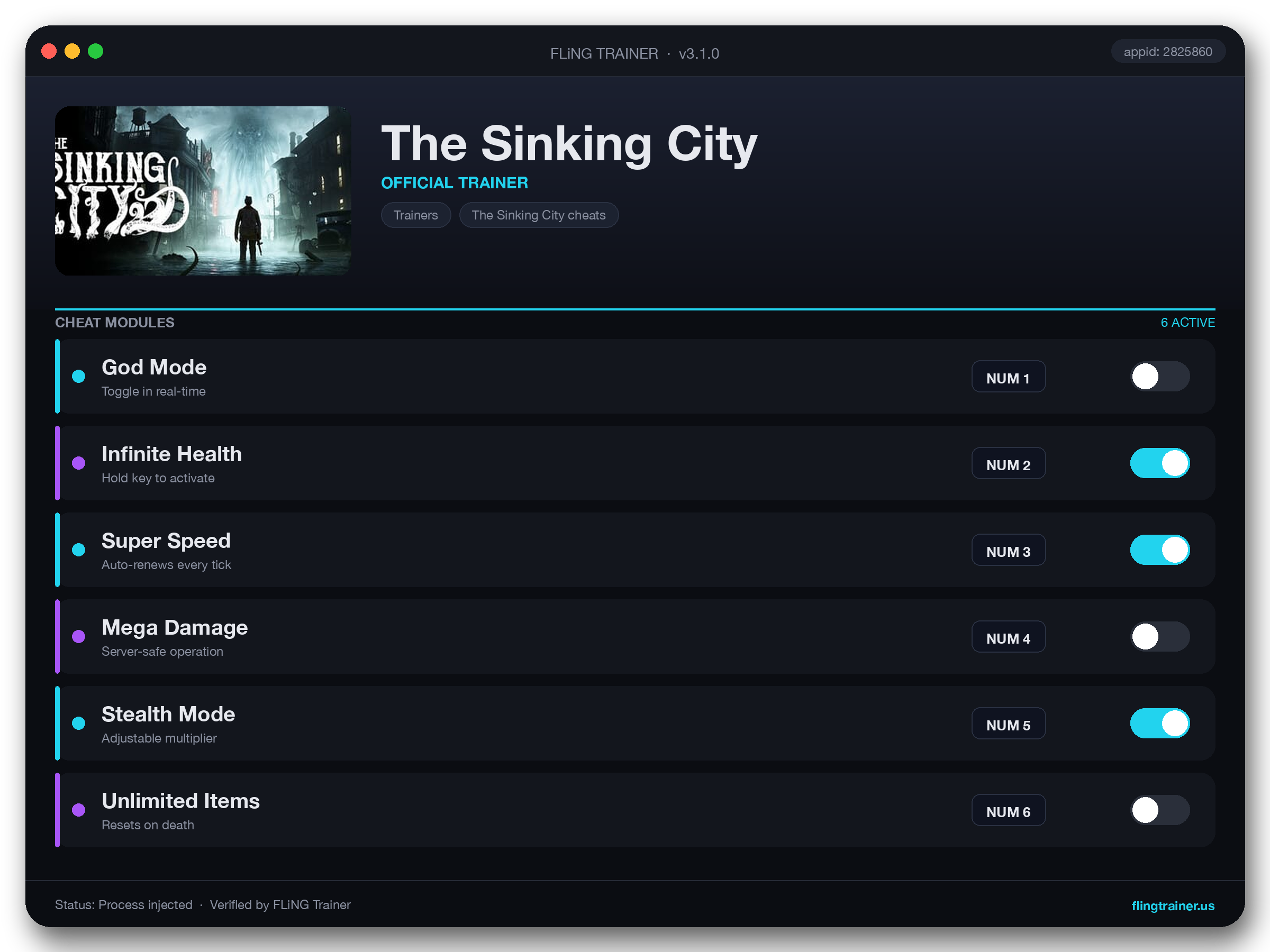 The Sinking City Trainer interface