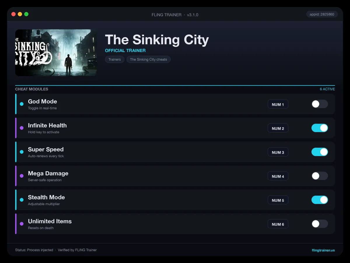 The Sinking City Trainer interface
