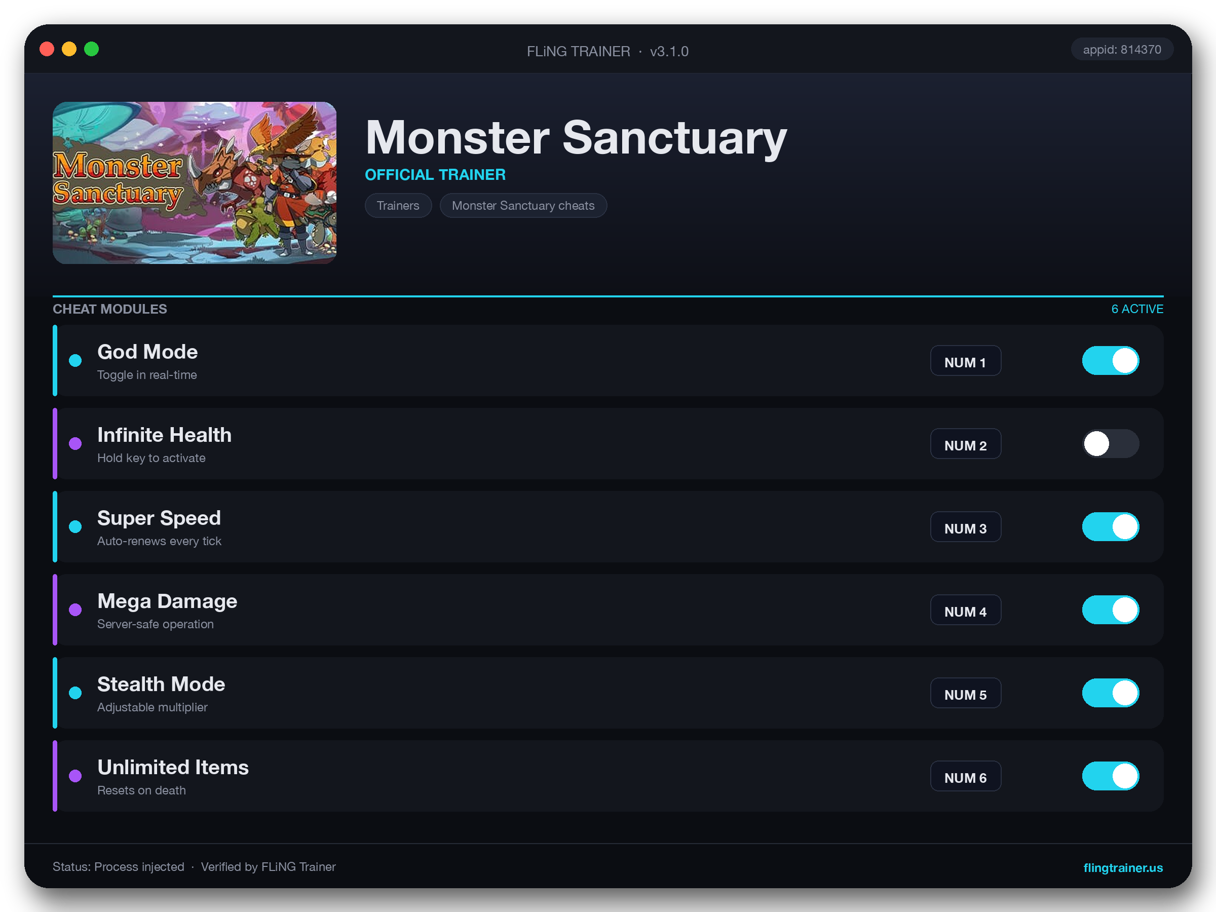 Monster Sanctuary Trainer interface