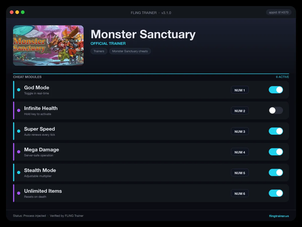 Monster Sanctuary Trainer interface