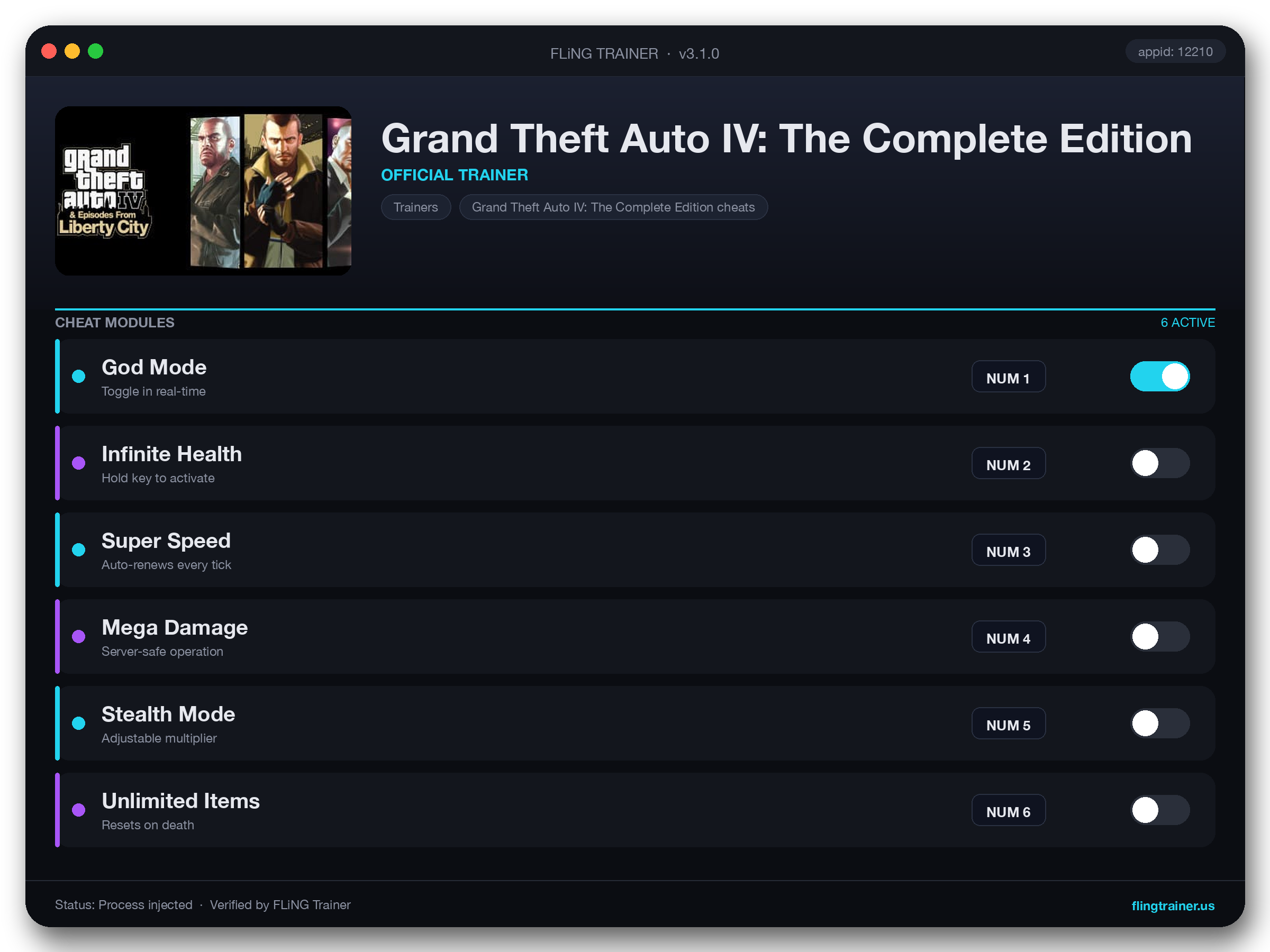 Grand Theft Auto IV: The Complete Edition Trainer interface