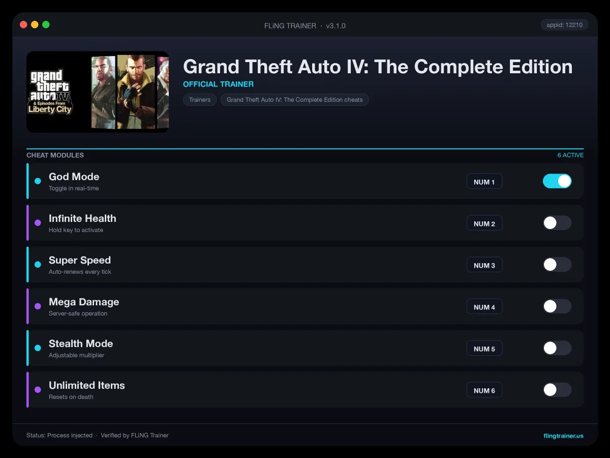 Grand Theft Auto IV: The Complete Edition Trainer interface