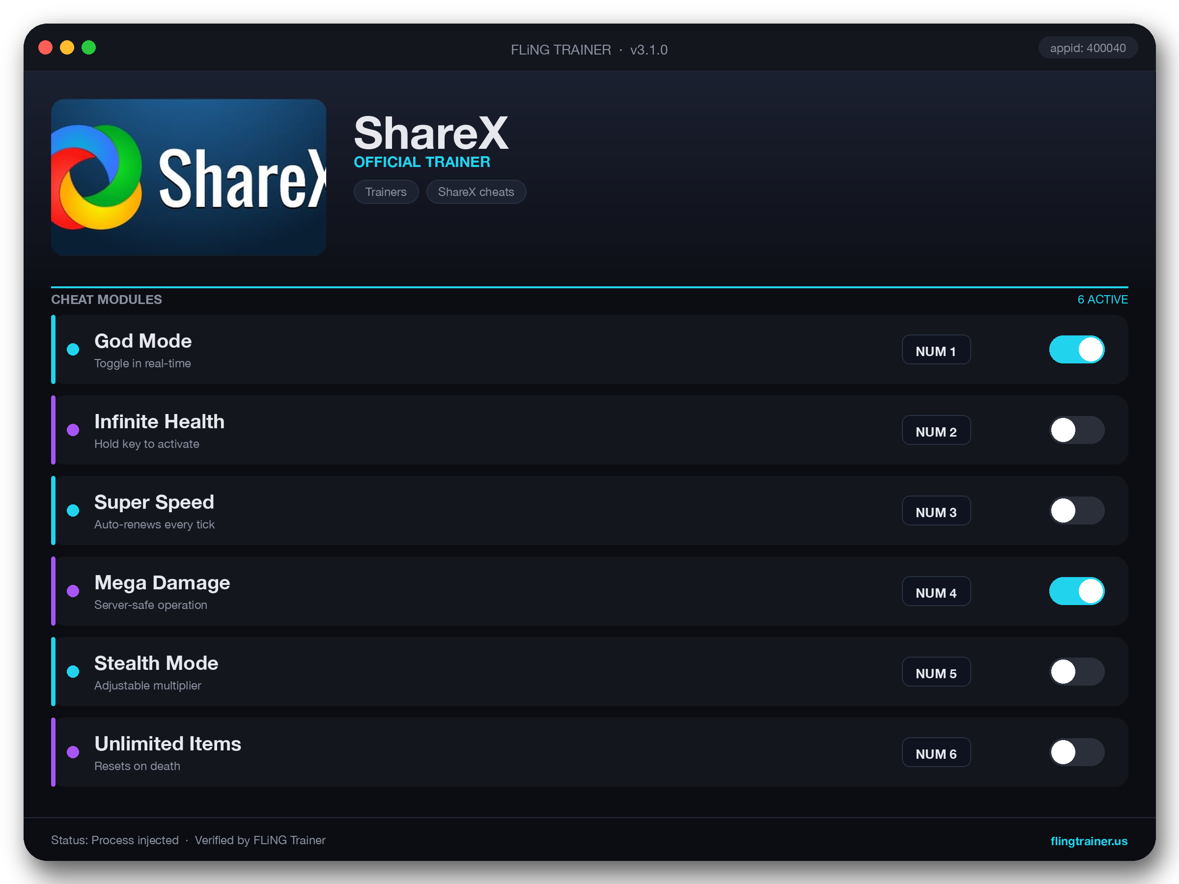 ShareX Trainer interface