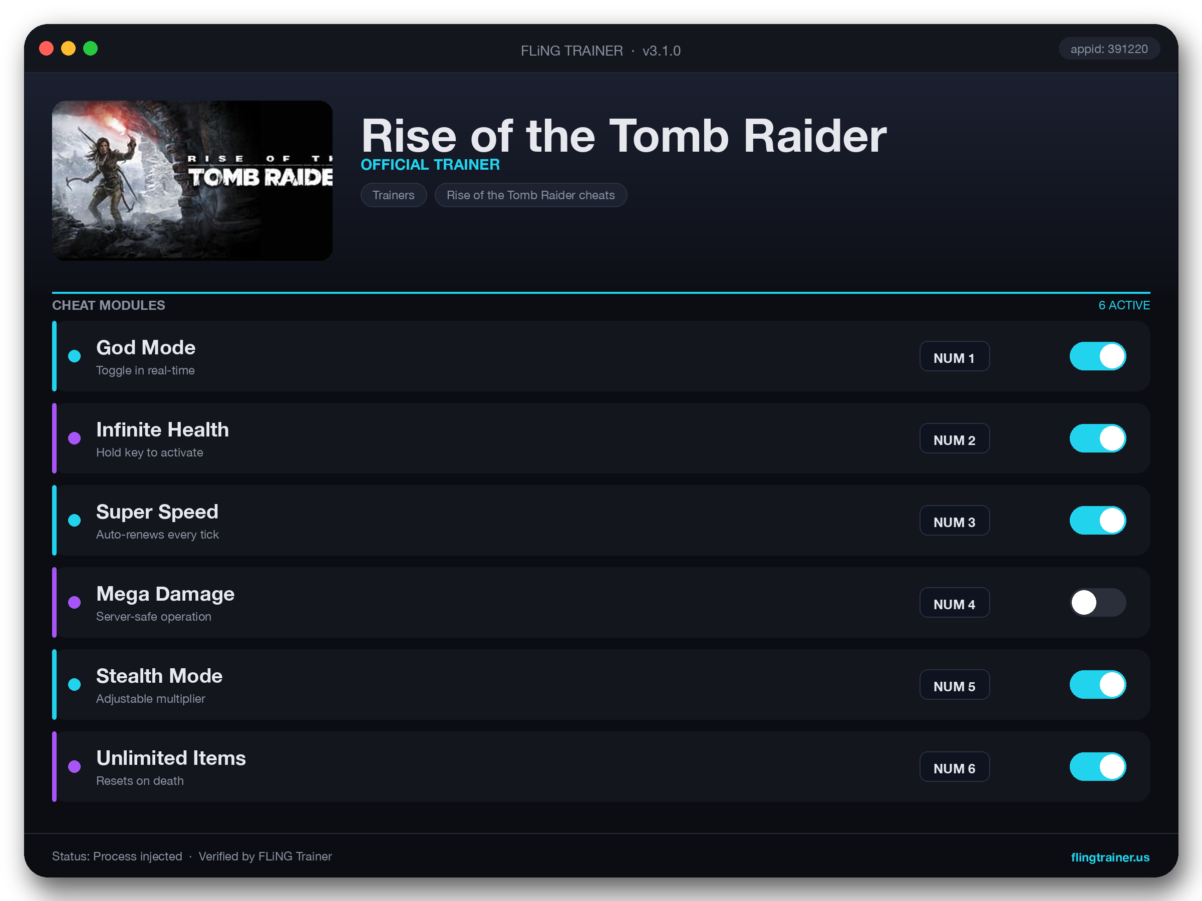 Rise of the Tomb Raider Trainer interface