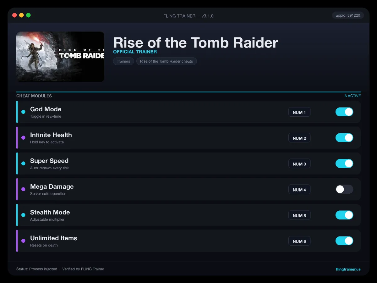 Rise of the Tomb Raider Trainer interface