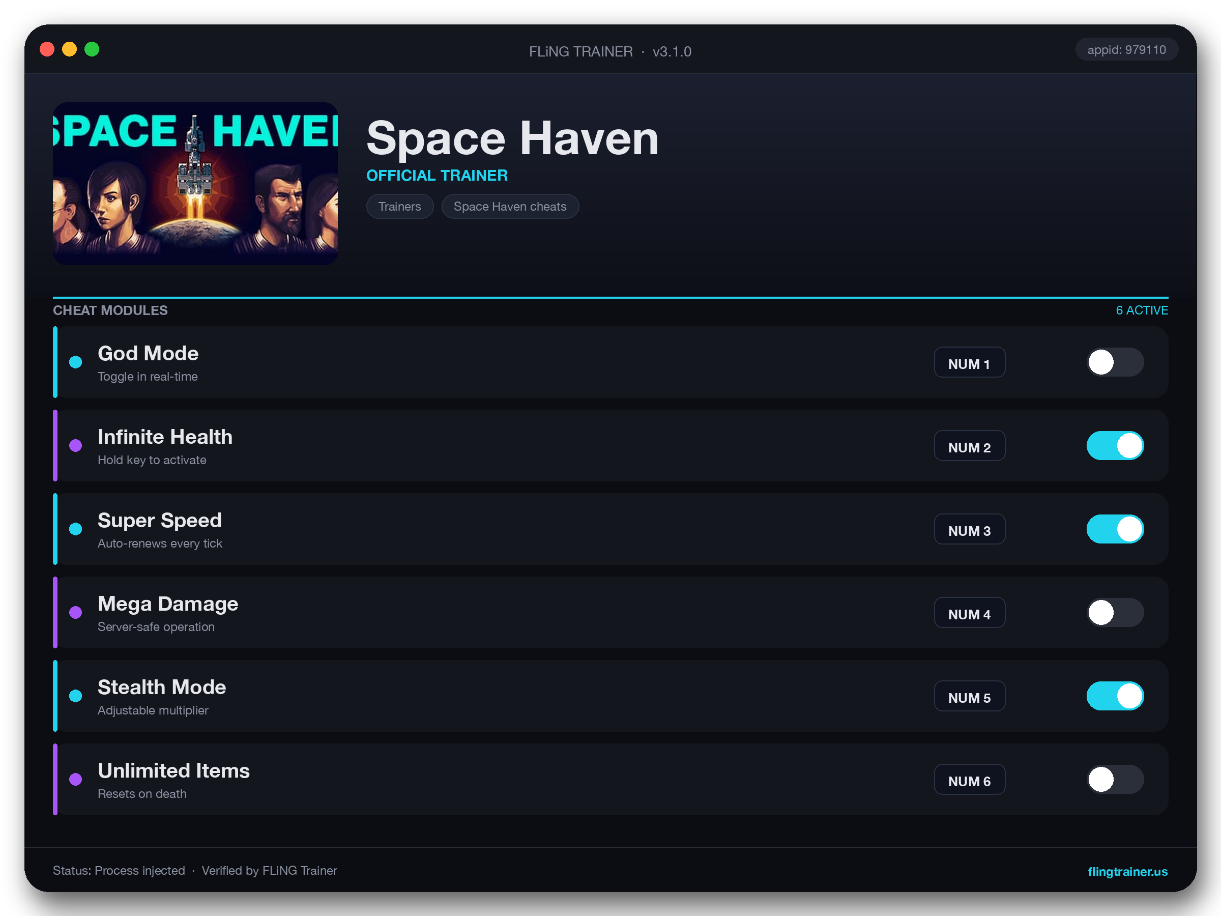 Space Haven Trainer interface