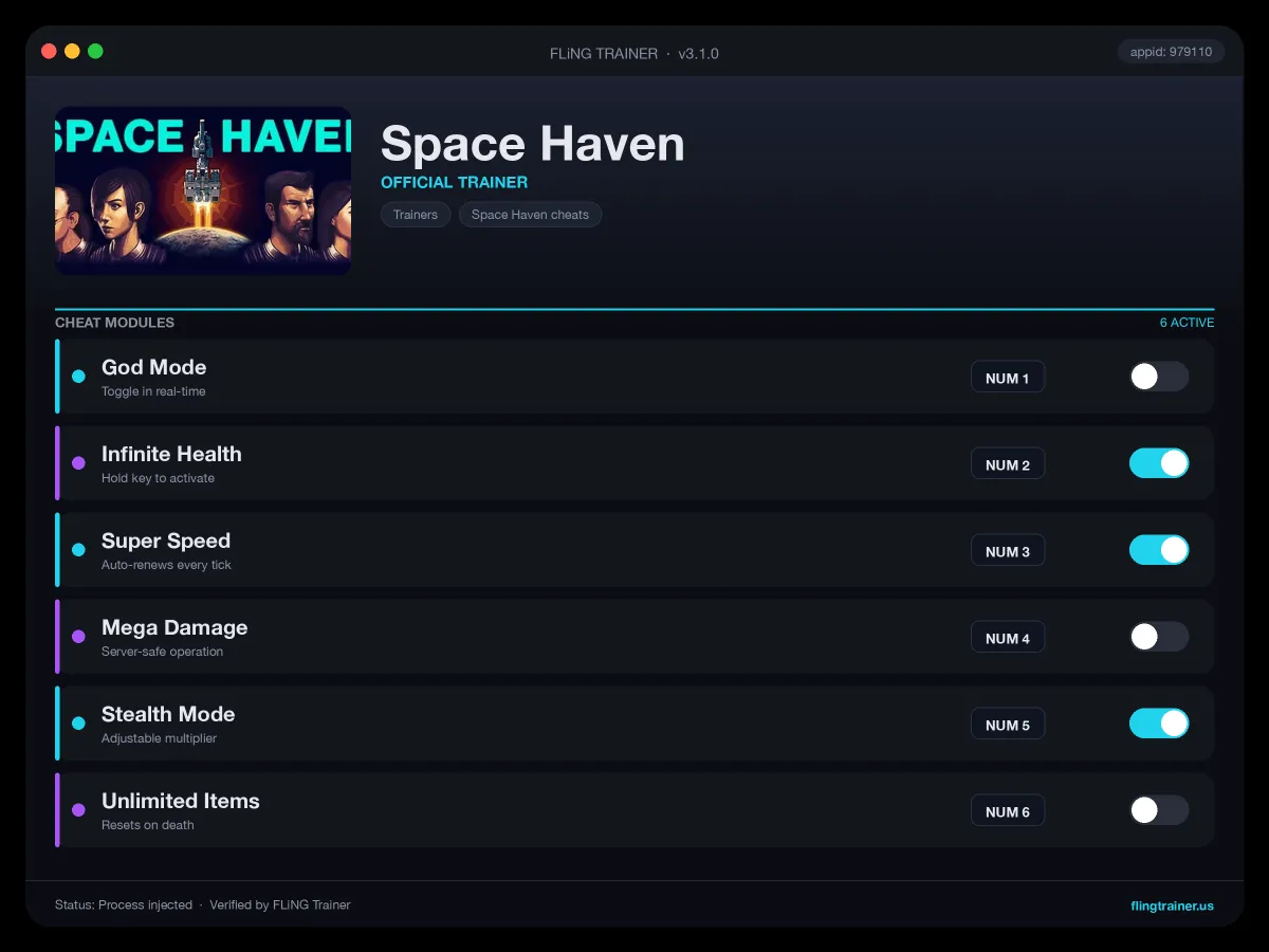 Space Haven Trainer interface