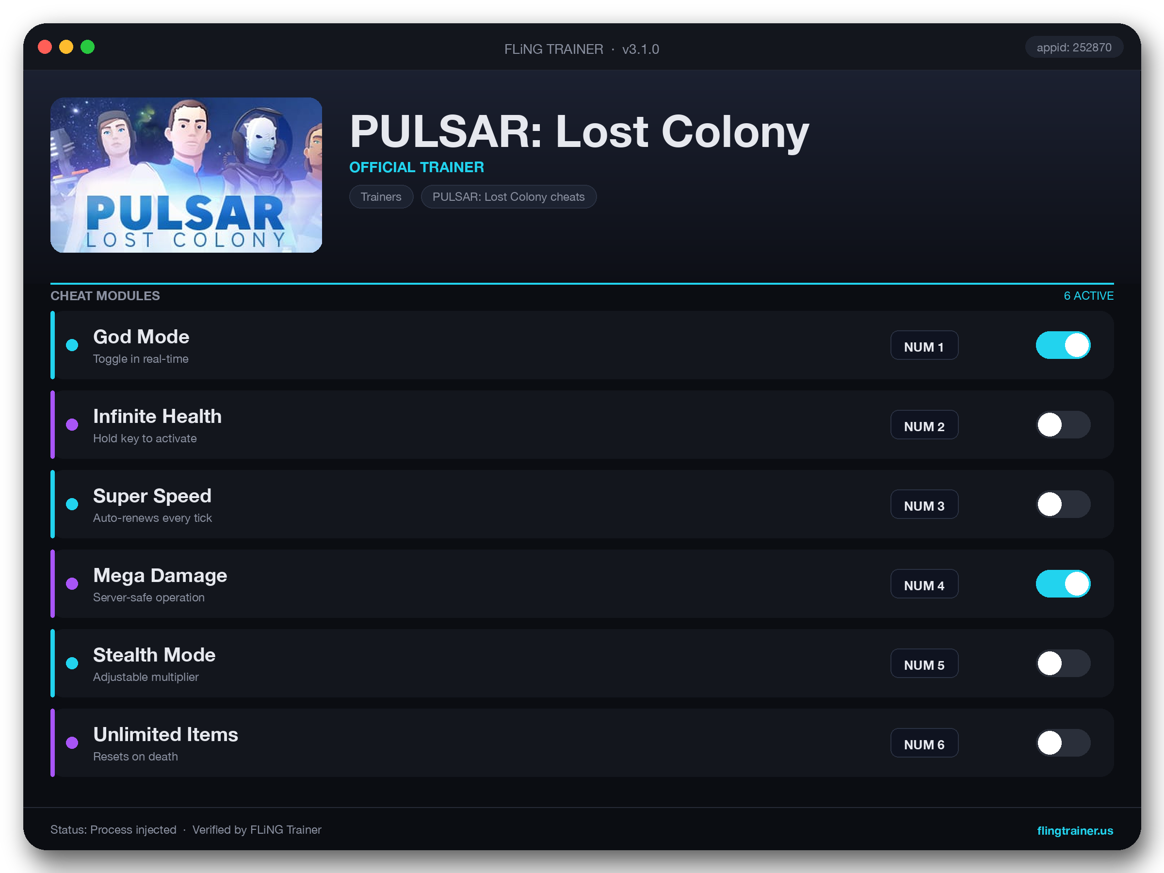 PULSAR: Lost Colony Trainer interface