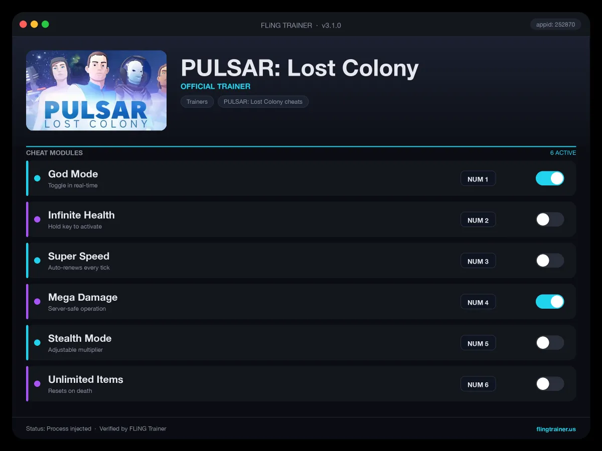 PULSAR: Lost Colony Trainer interface
