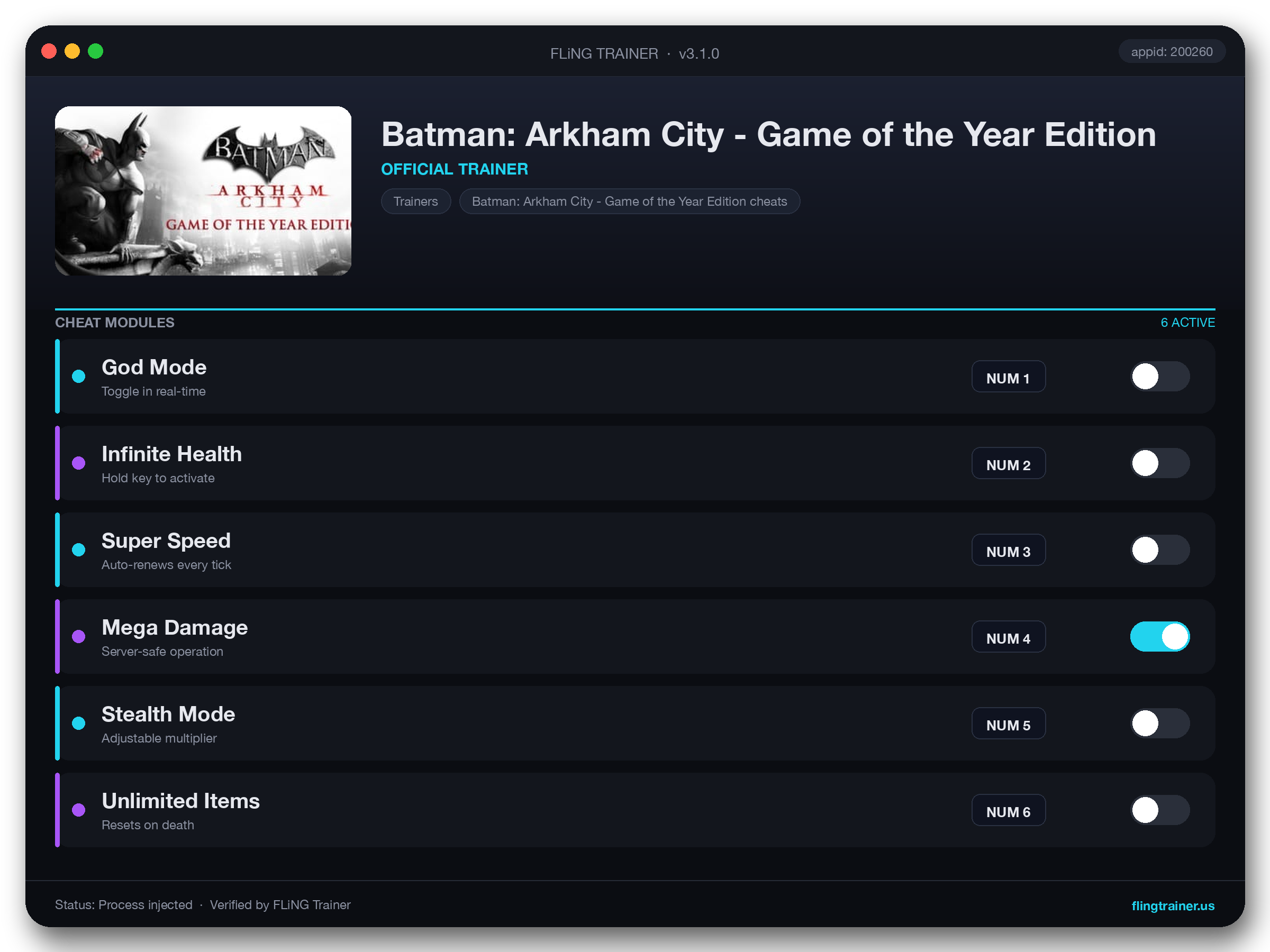 Batman: Arkham City - Game of the Year Edition Trainer interface