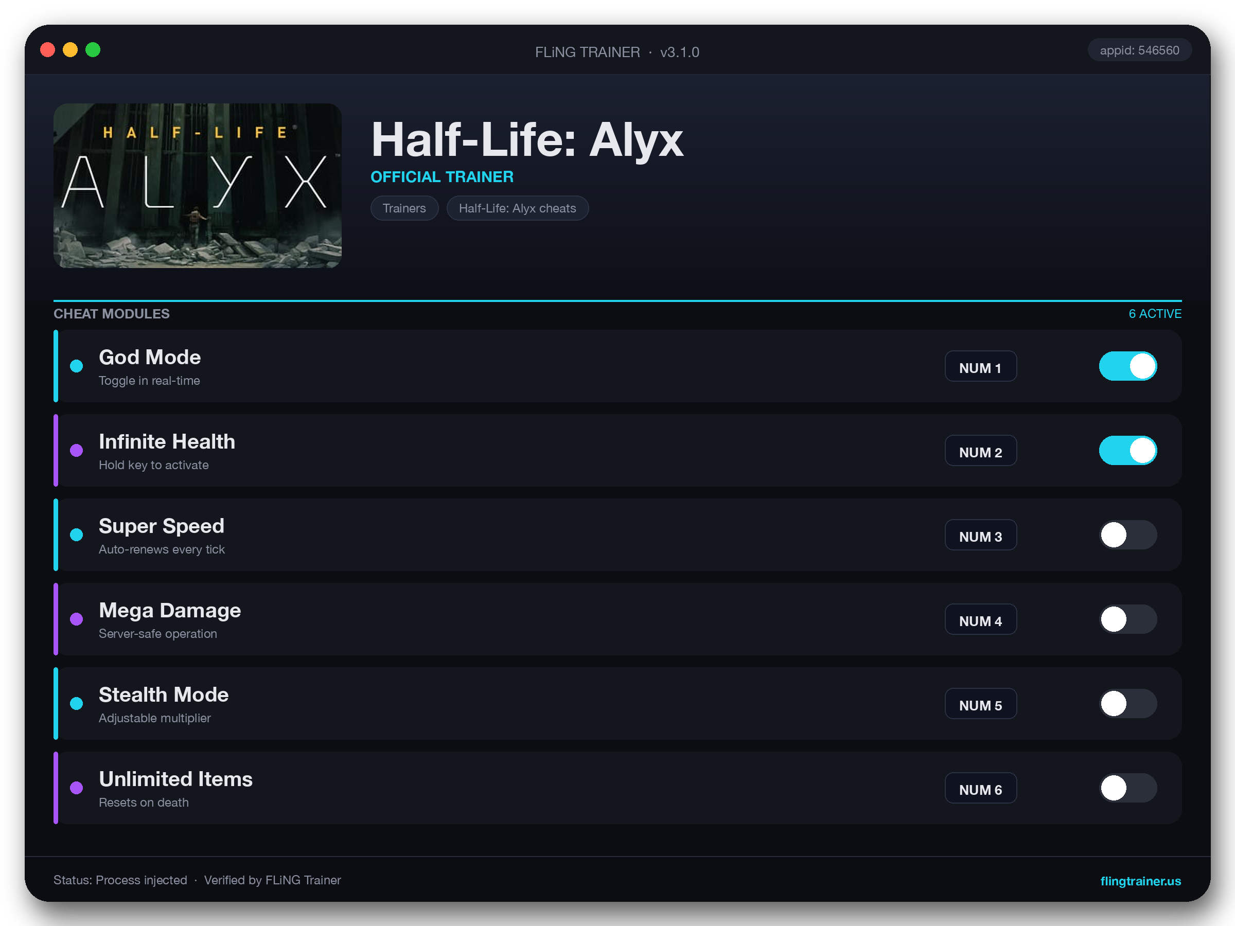 Half-Life: Alyx Trainer interface