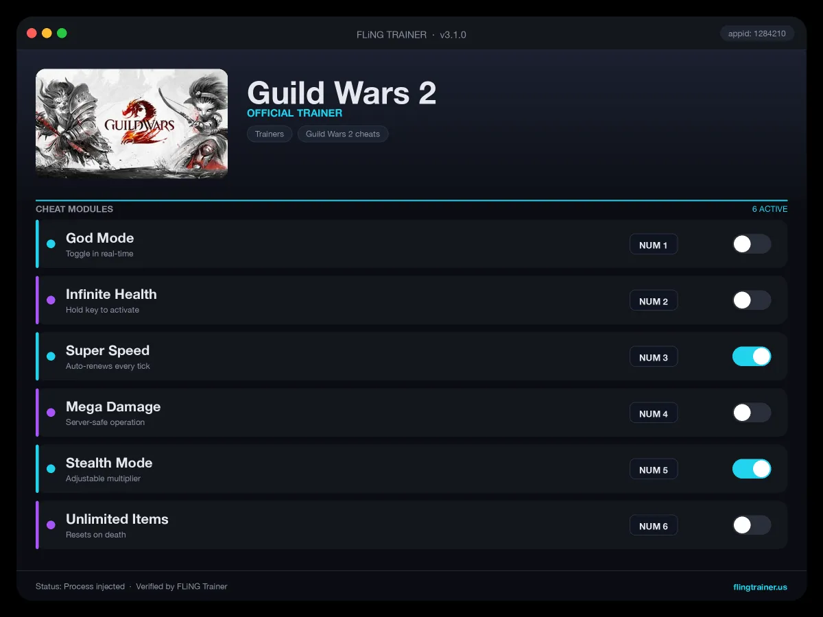 Guild Wars 2 Trainer interface