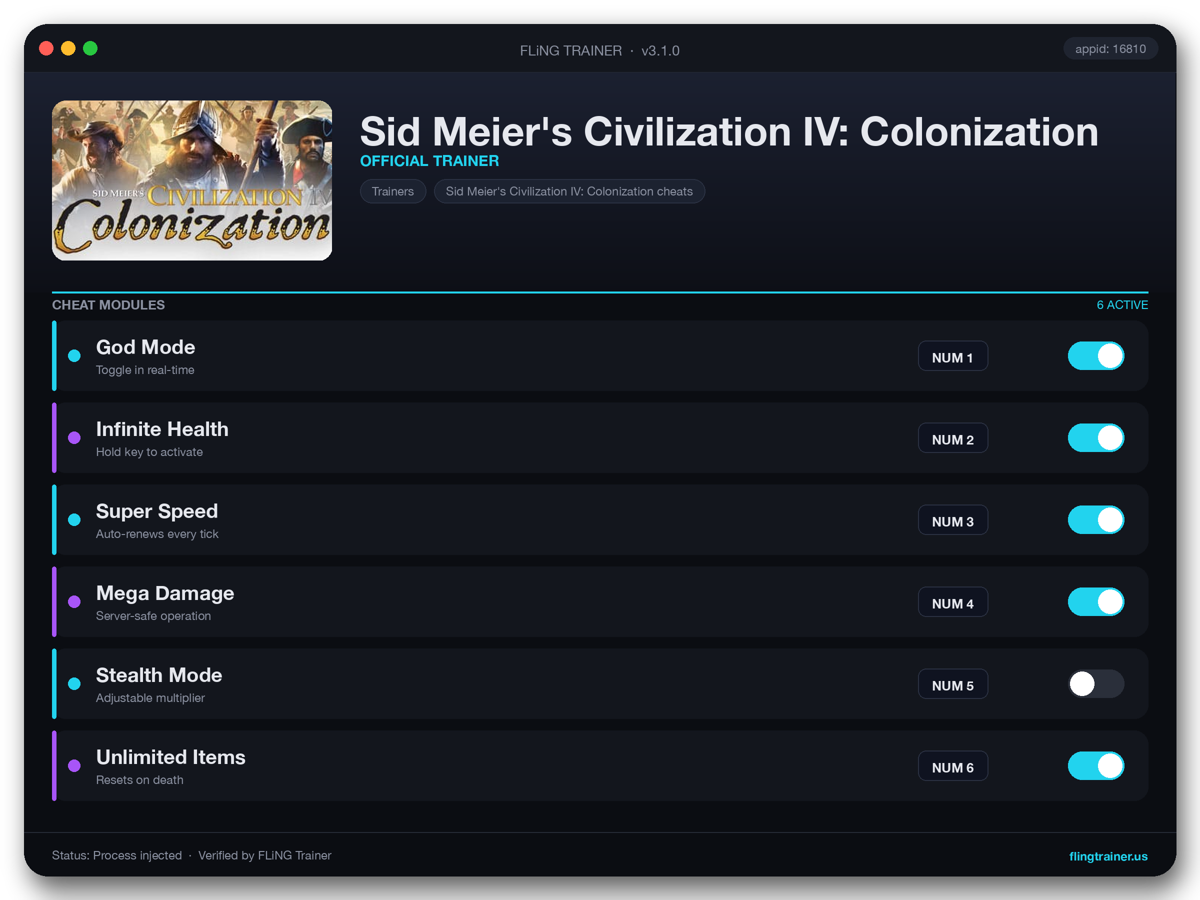 Sid Meier's Civilization IV: Colonization Trainer interface