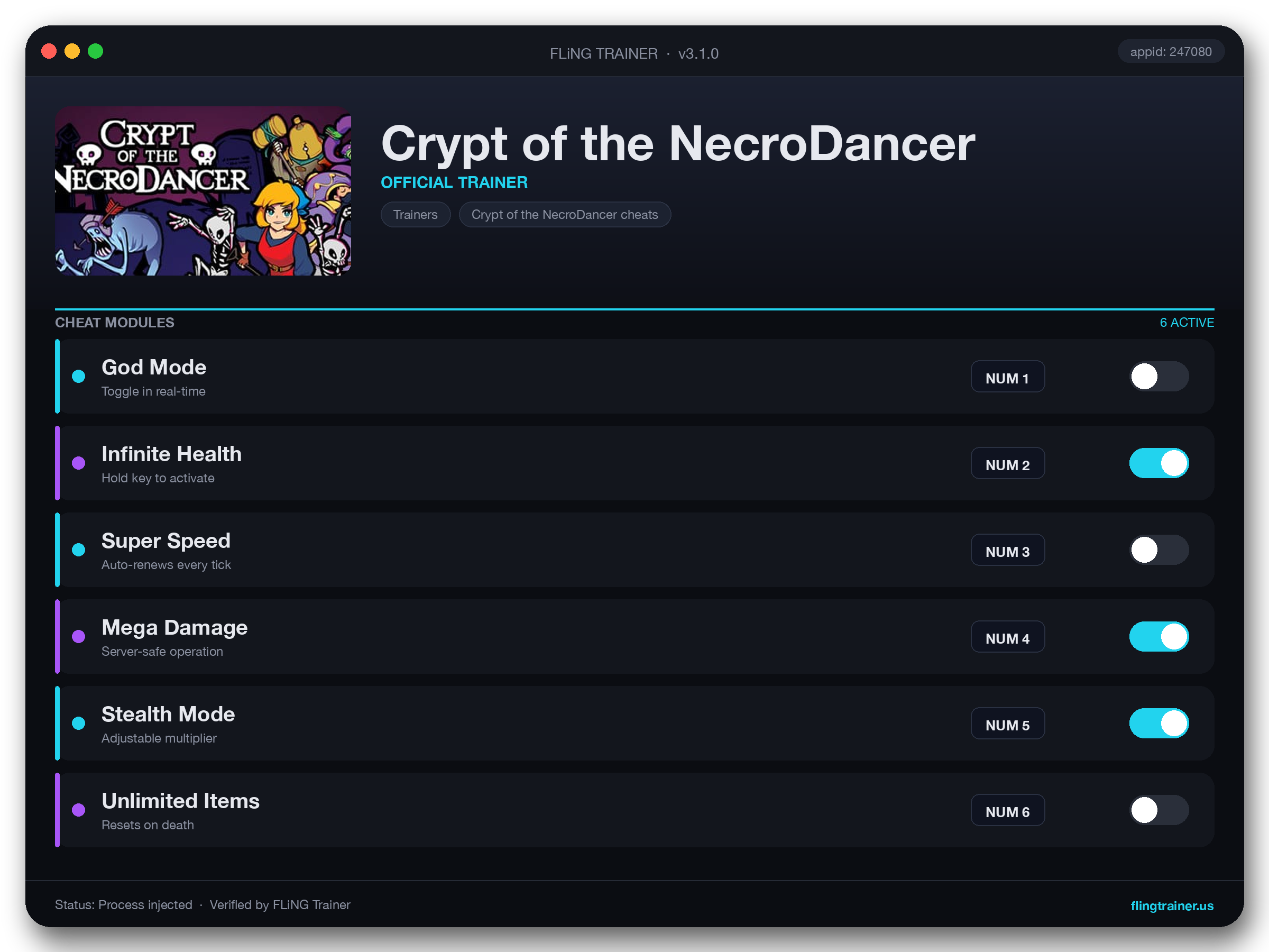 Crypt of the NecroDancer Trainer interface