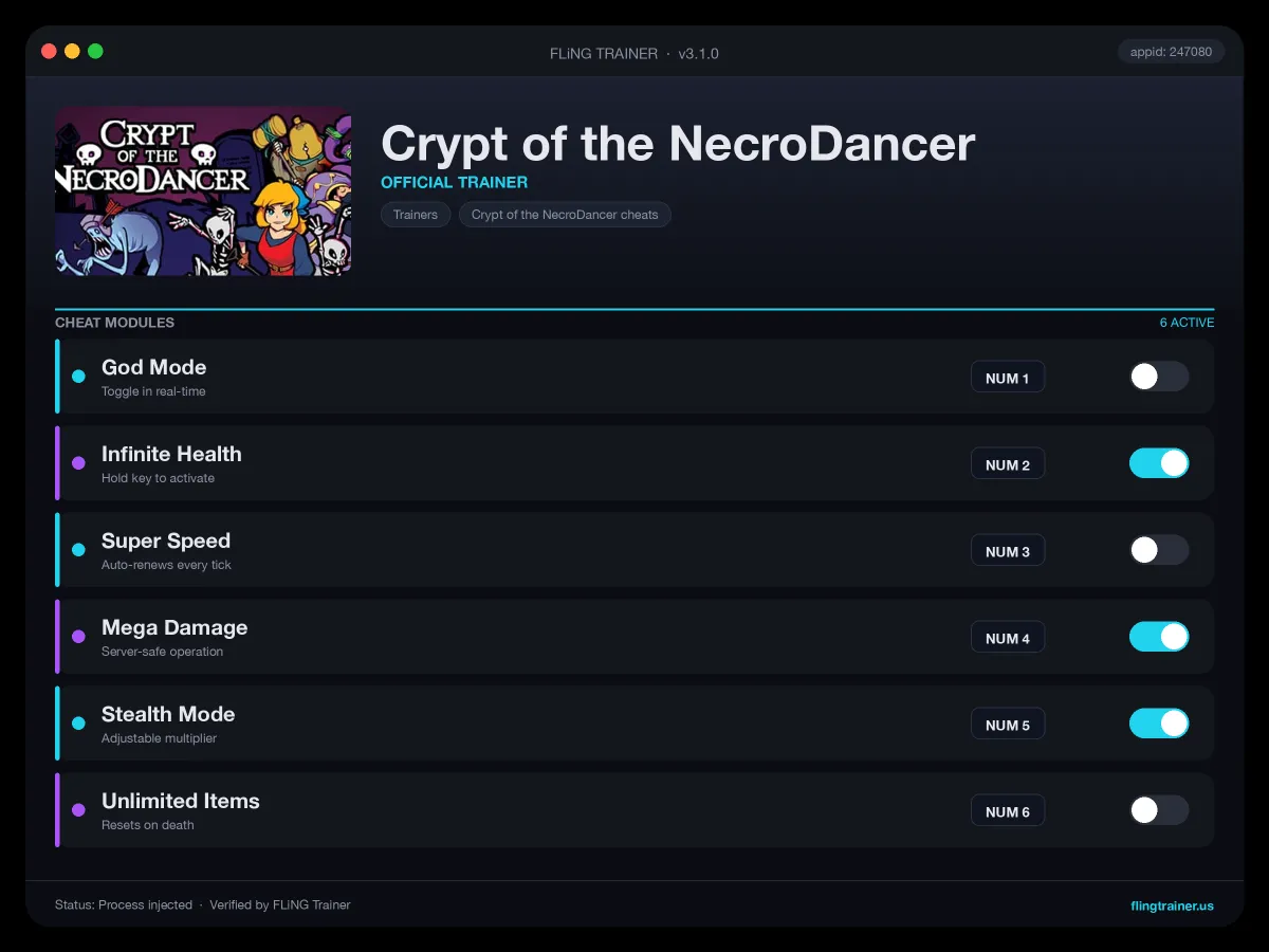Crypt of the NecroDancer Trainer interface