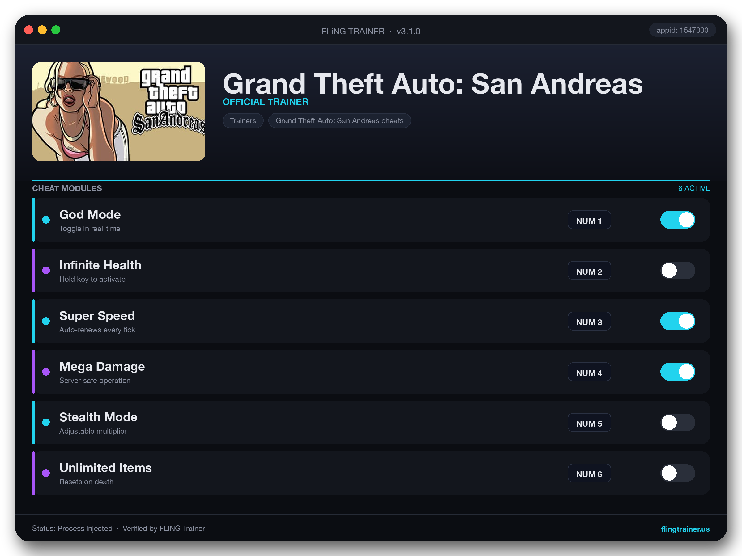 Grand Theft Auto: San Andreas Trainer interface